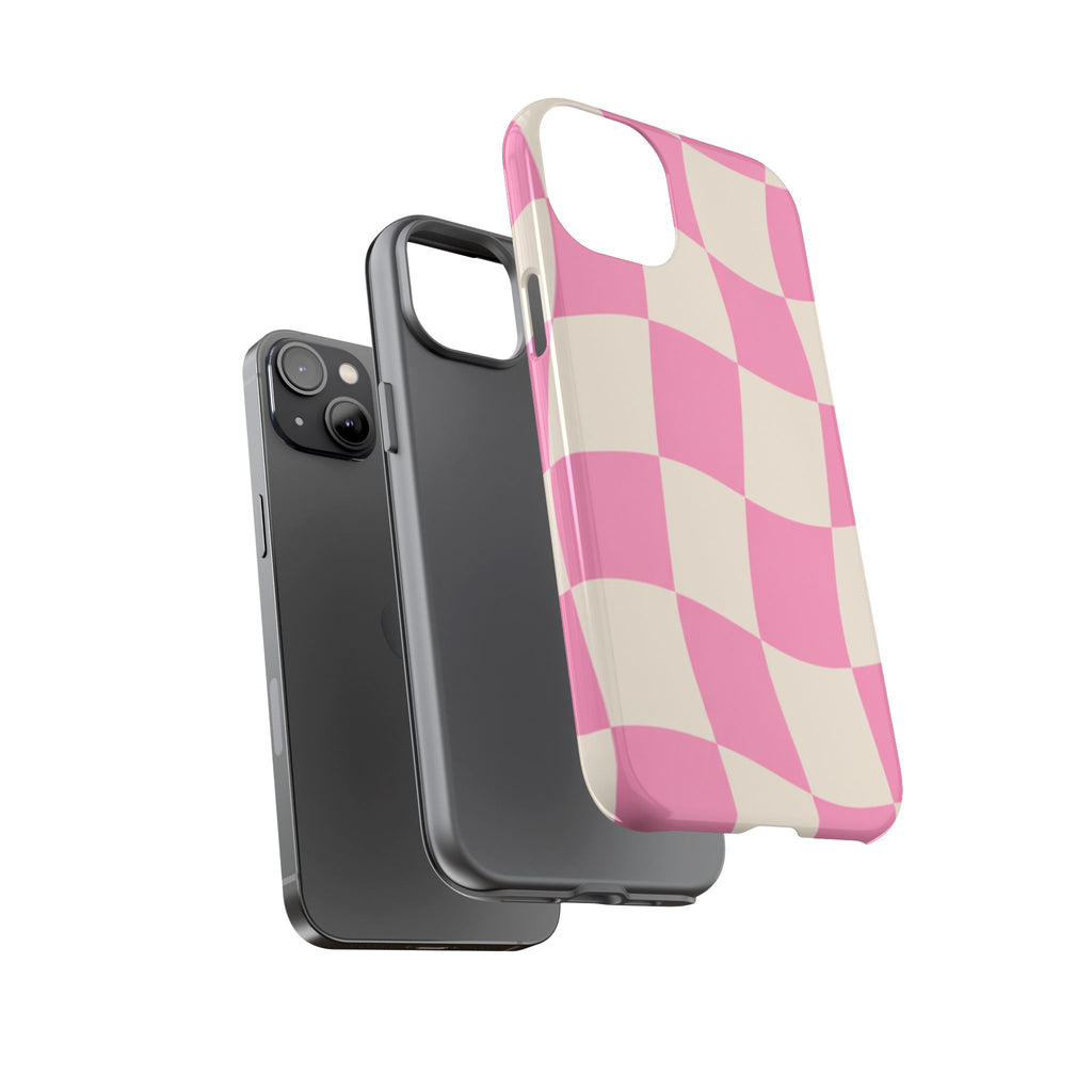 Pink Wavy Checkered Tough Phone Case — Retro Distorted Checkerboard Design