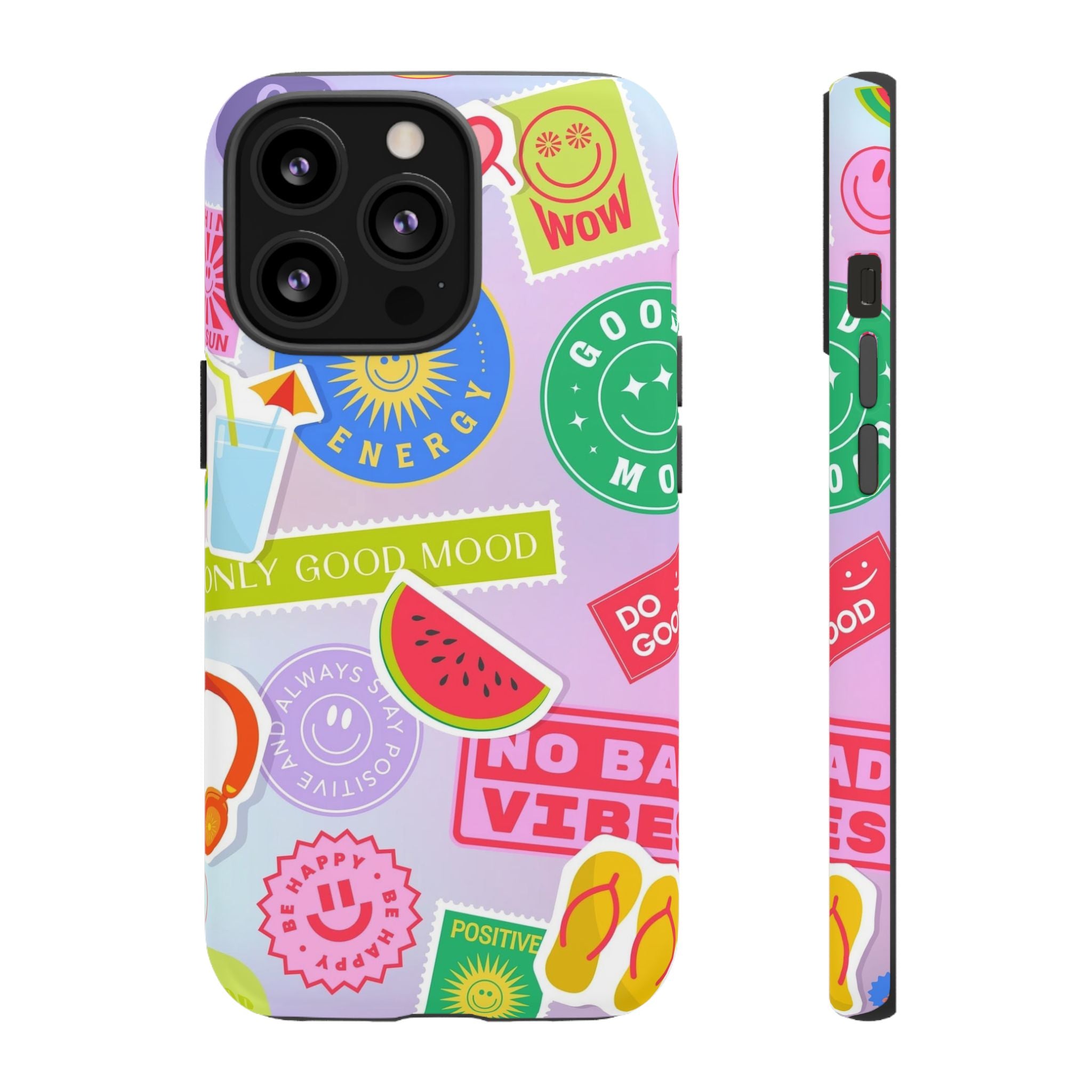 Good Vibes Only — Colorful Sticker Collage "No Bad Vibes" iPhone Case