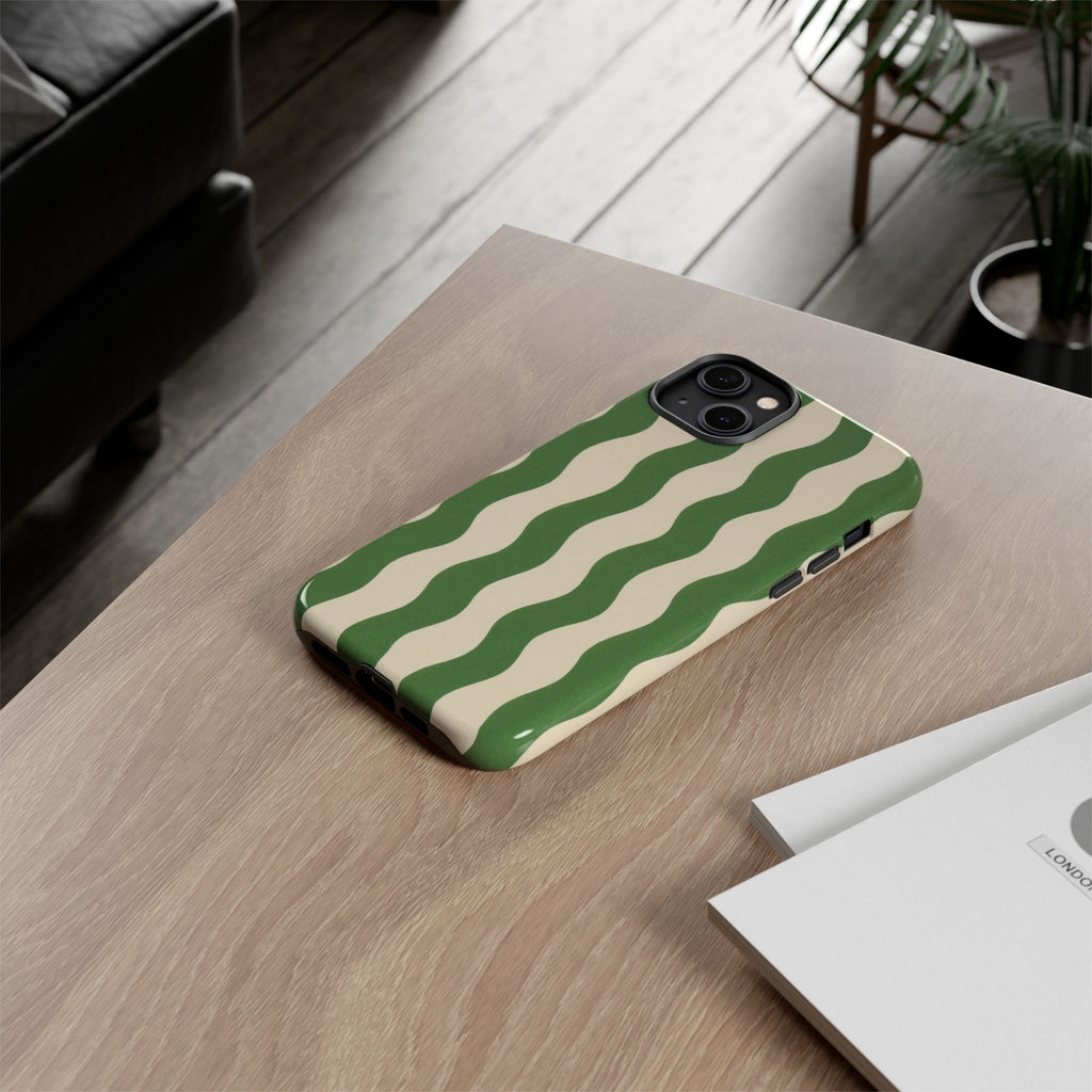 Wavy Green Stripe Phone Case — Retro Minimalist Tough Case
