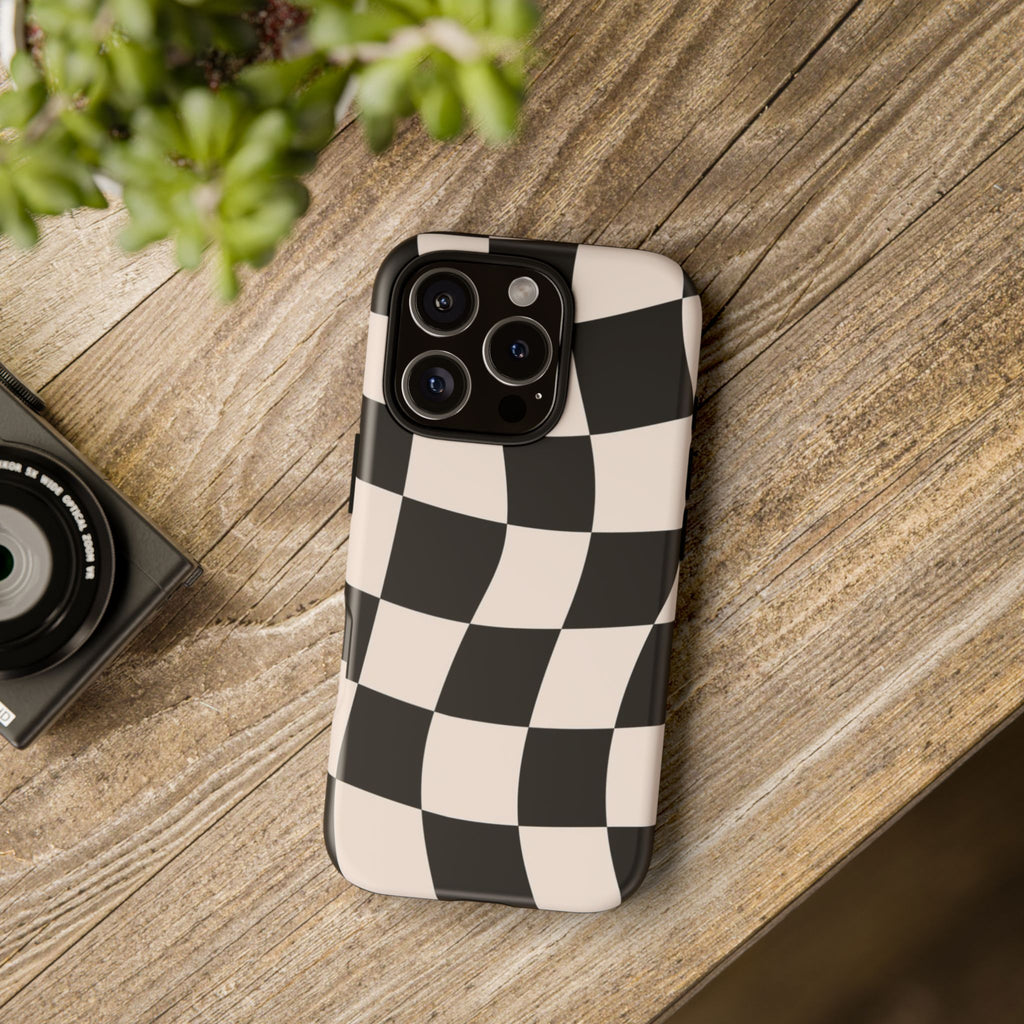 Black & White Wavy Checkered Phone Case — Black & Cream Retro Racing Pattern Tough Case