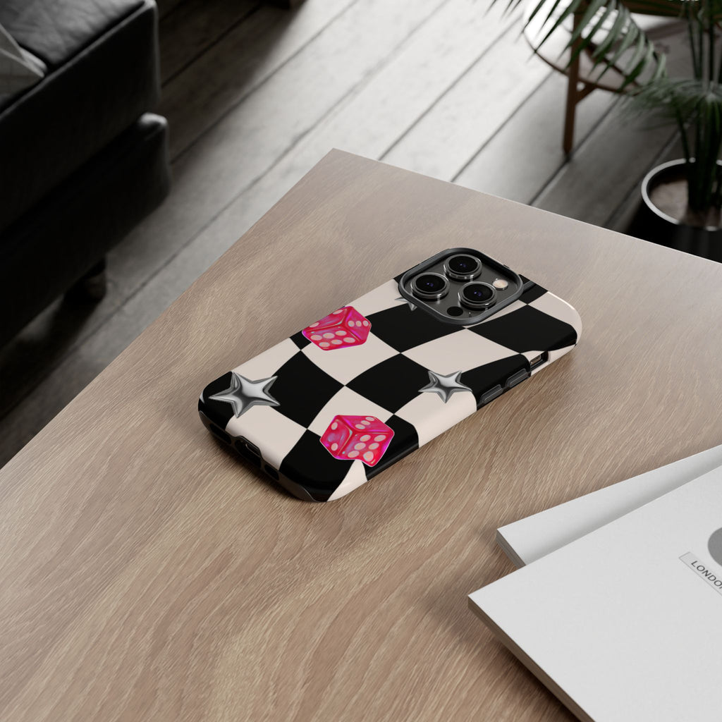 Black & White Checkerboard Dice — Retro Pink Dice & Silver Star iPhone Cover