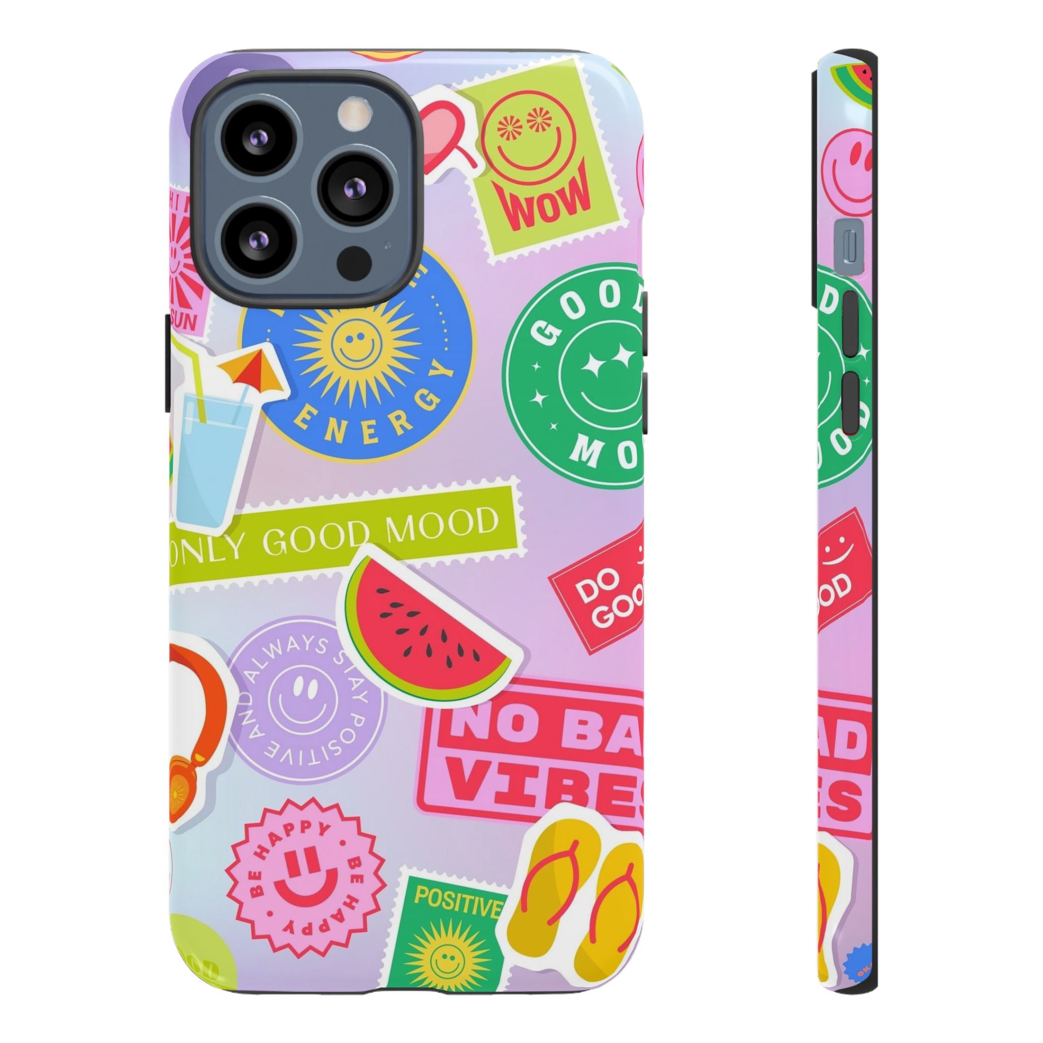 Good Vibes Only — Colorful Sticker Collage "No Bad Vibes" iPhone Case
