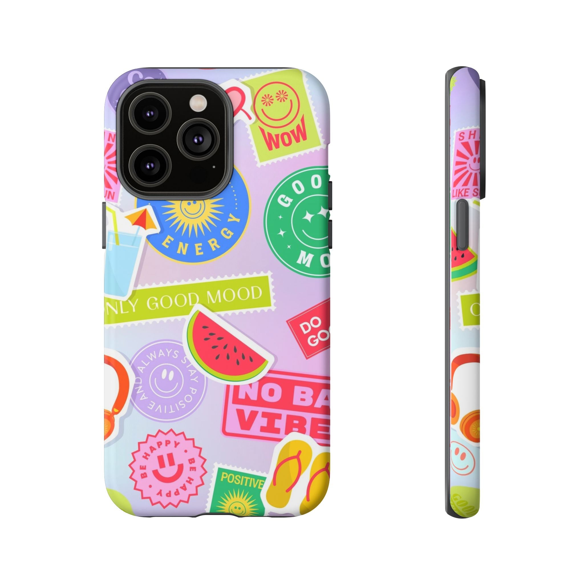 Good Vibes Only — Colorful Sticker Collage "No Bad Vibes" iPhone Case