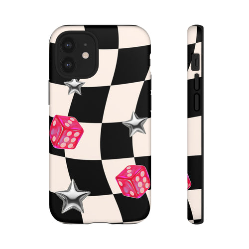 Black & White Checkerboard Dice — Retro Pink Dice & Silver Star iPhone Cover