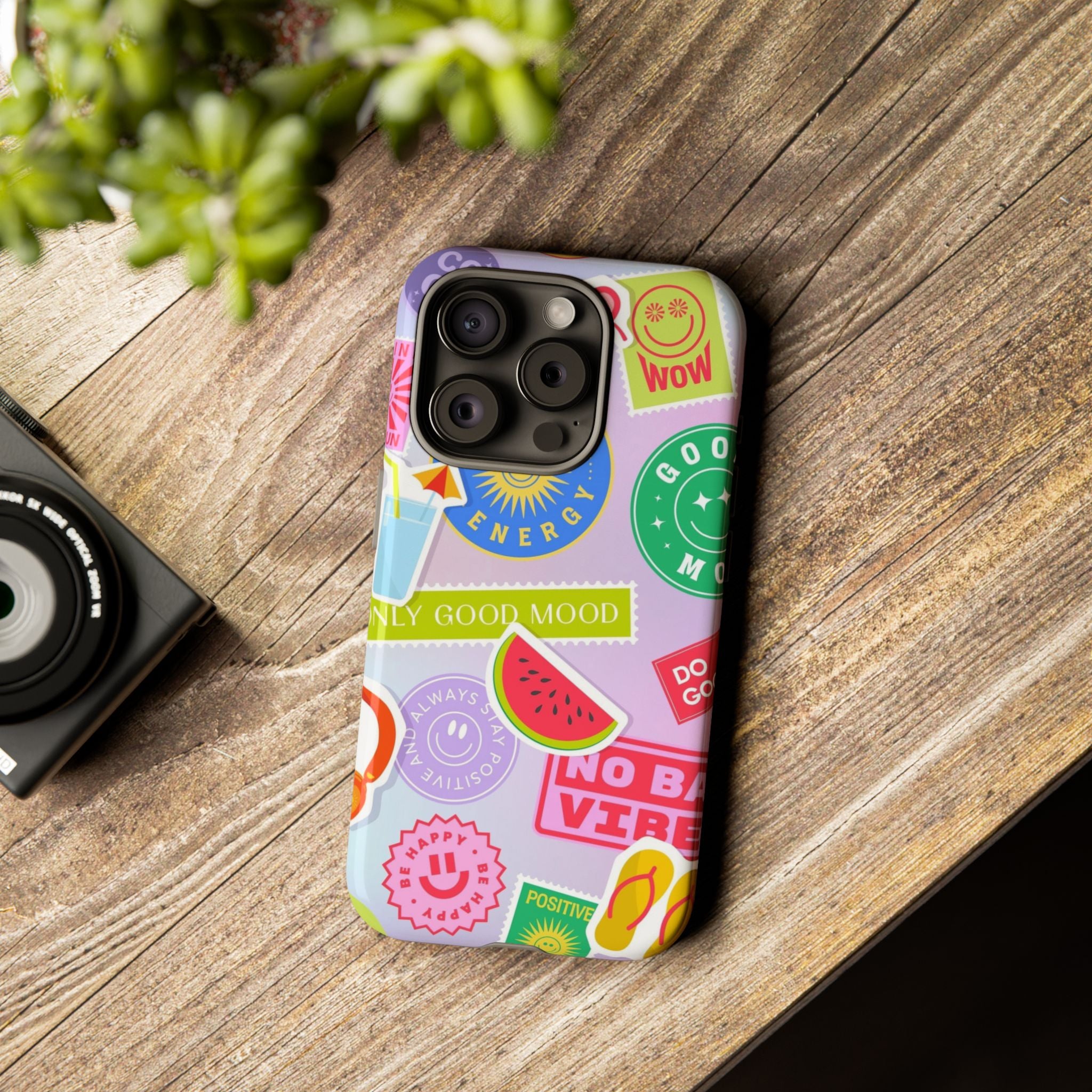 Good Vibes Only — Colorful Sticker Collage "No Bad Vibes" iPhone Case
