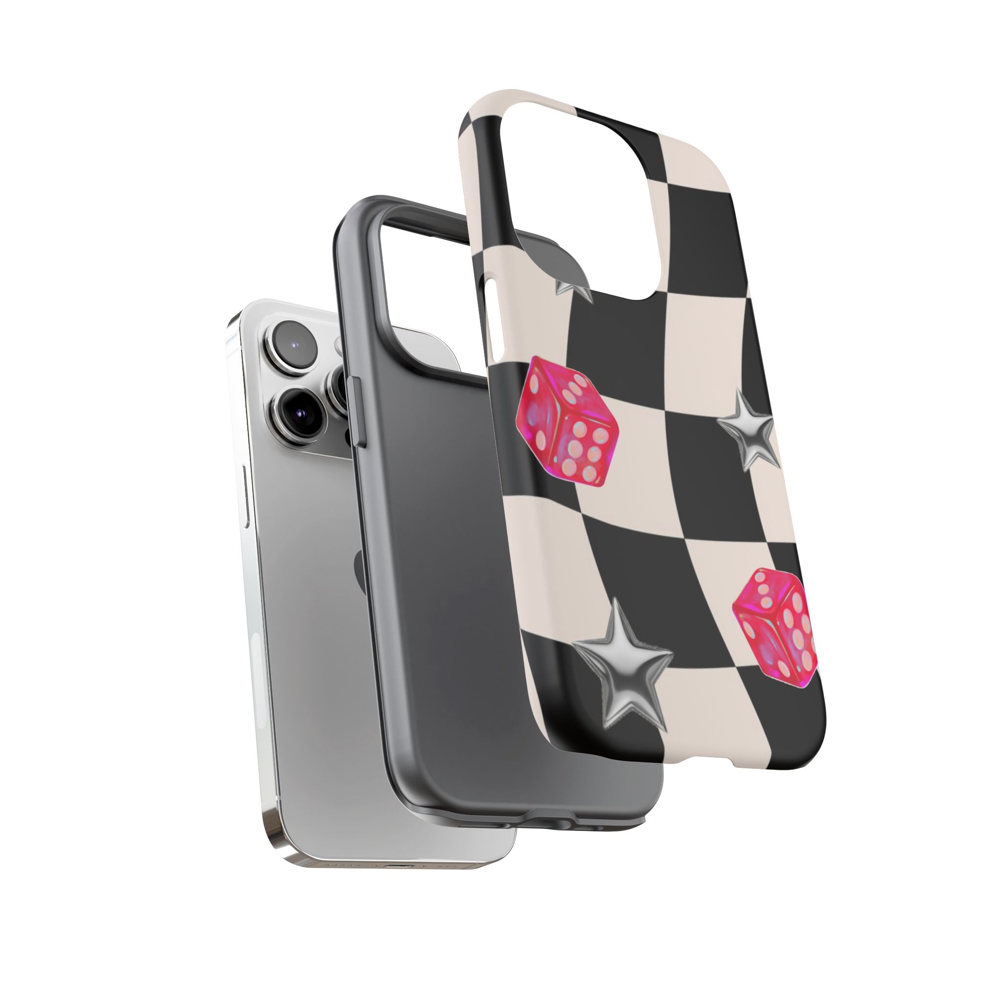Black & White Checkerboard Dice — Retro Pink Dice & Silver Star iPhone Cover