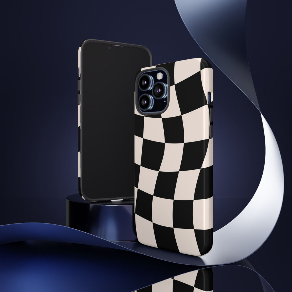 Black & White Wavy Checkered Phone Case — Black & Cream Retro Racing Pattern Tough Case