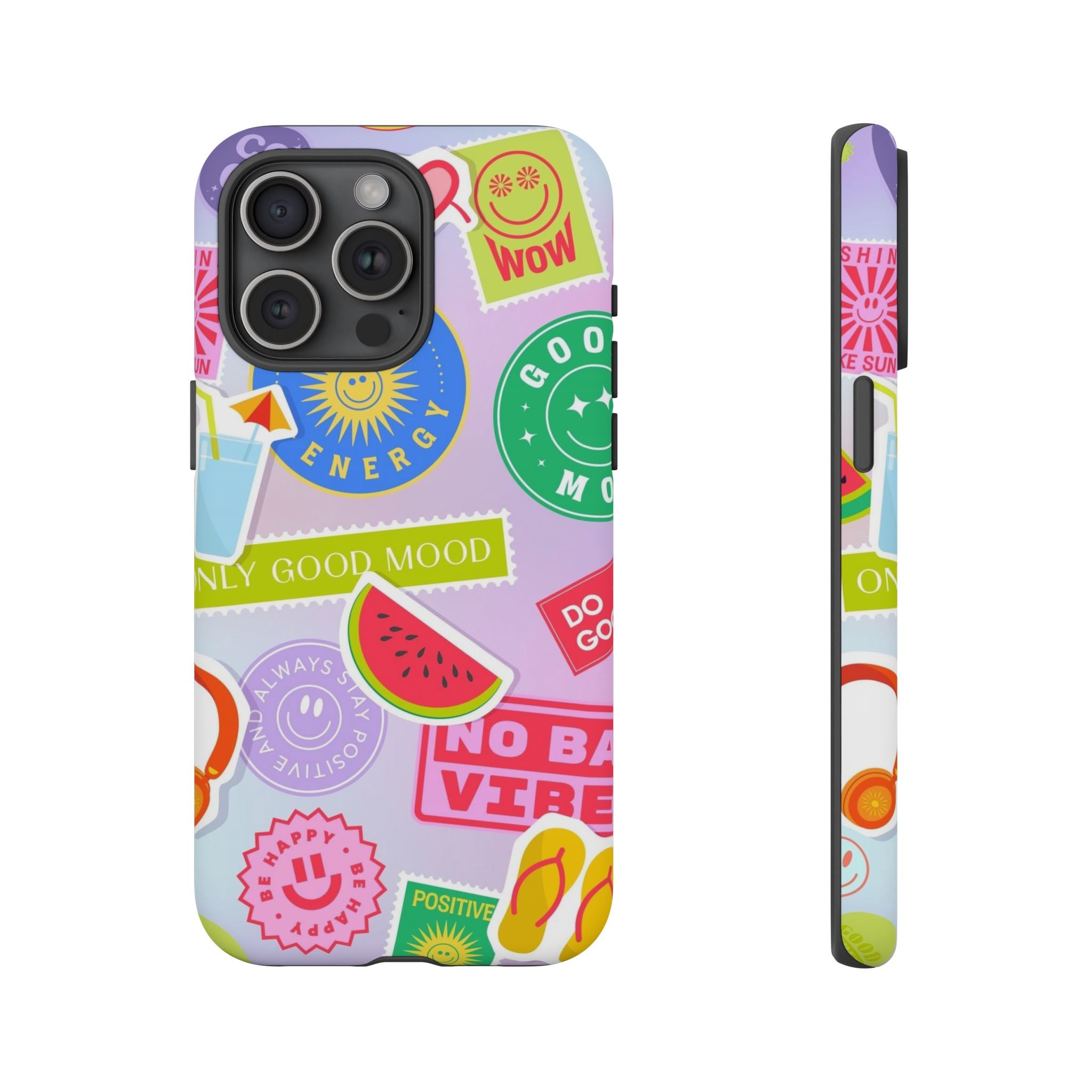 Good Vibes Only — Colorful Sticker Collage "No Bad Vibes" iPhone Case