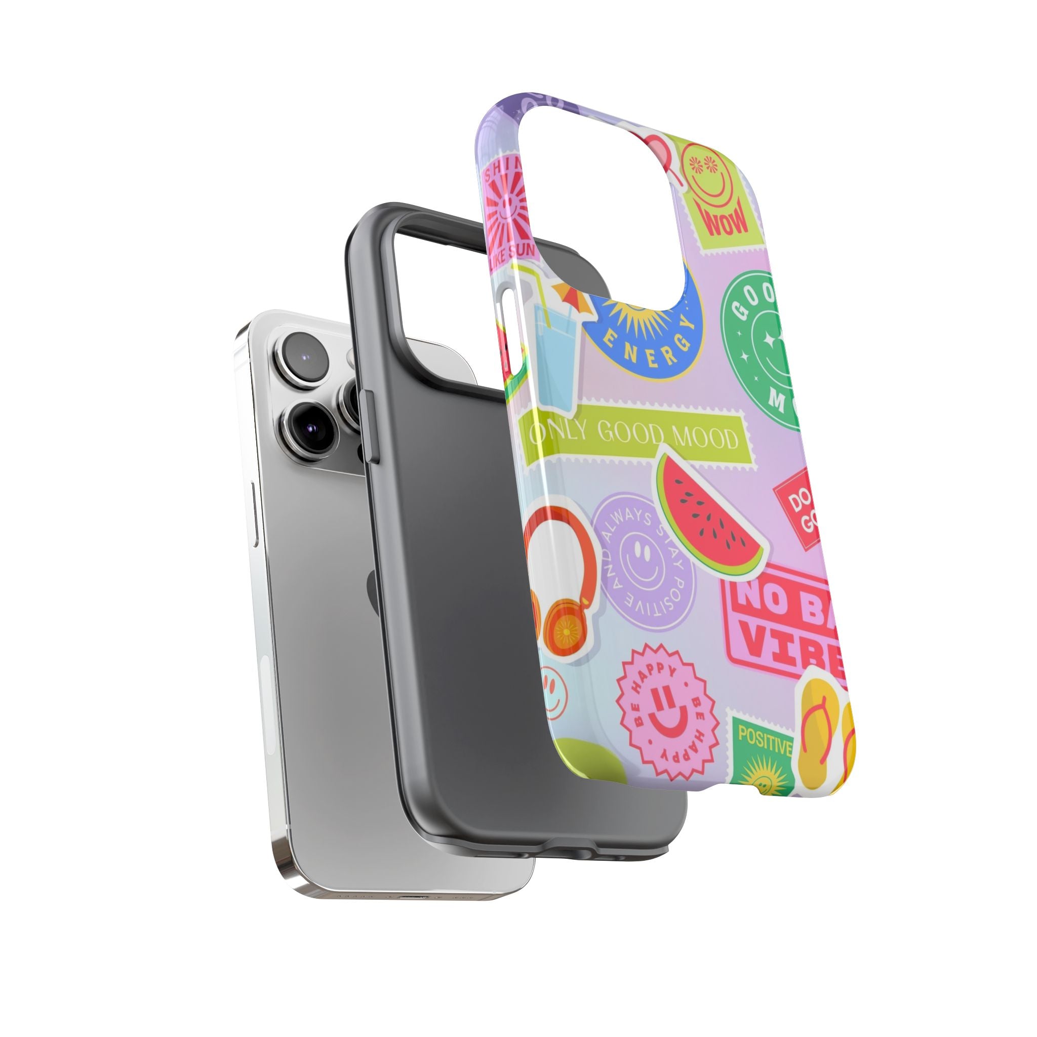 Good Vibes Only — Colorful Sticker Collage "No Bad Vibes" iPhone Case