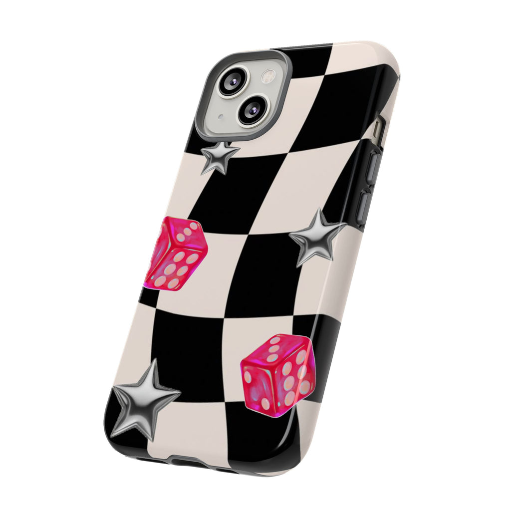 Black & White Checkerboard Dice — Retro Pink Dice & Silver Star iPhone Cover