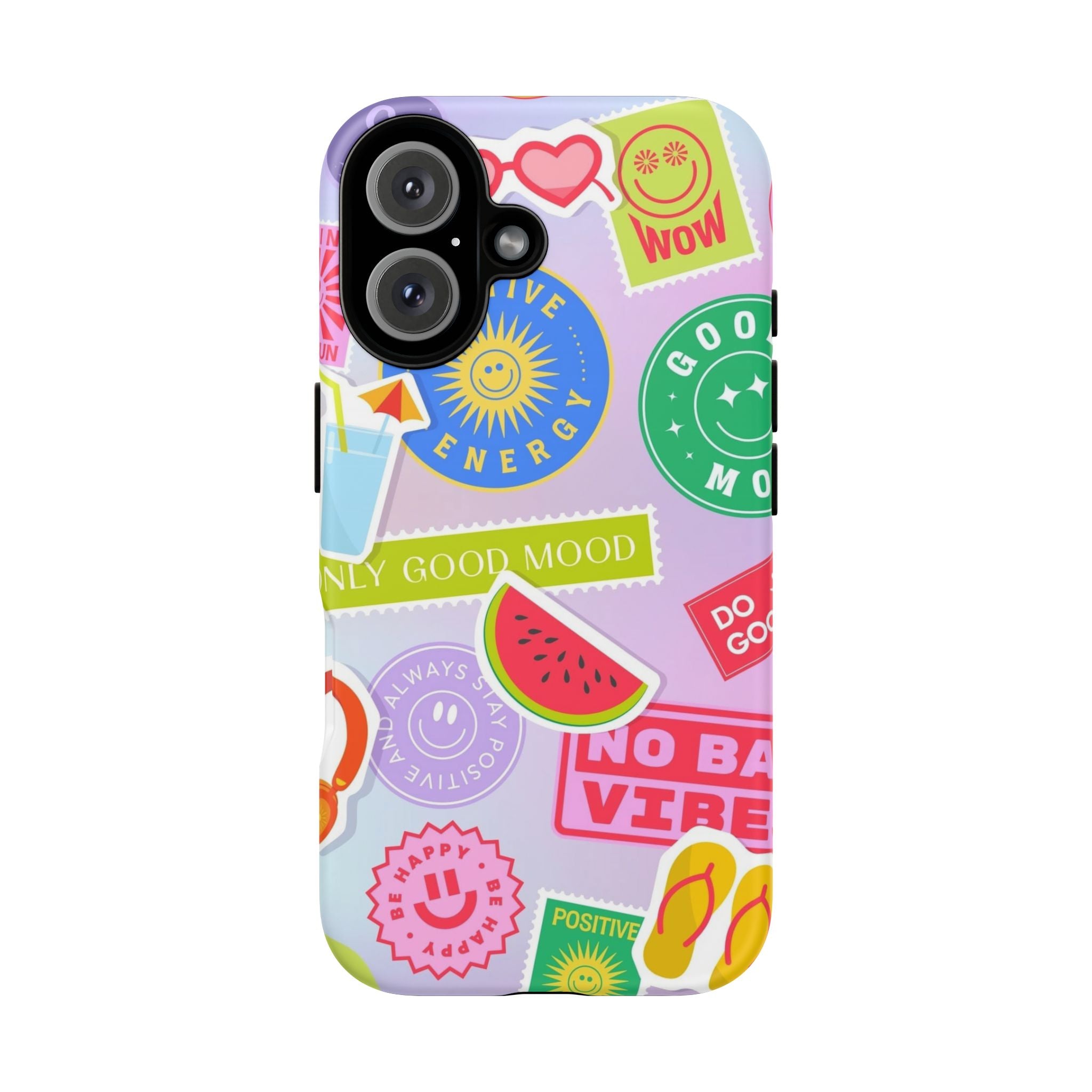 Good Vibes Only — Colorful Sticker Collage "No Bad Vibes" iPhone Case