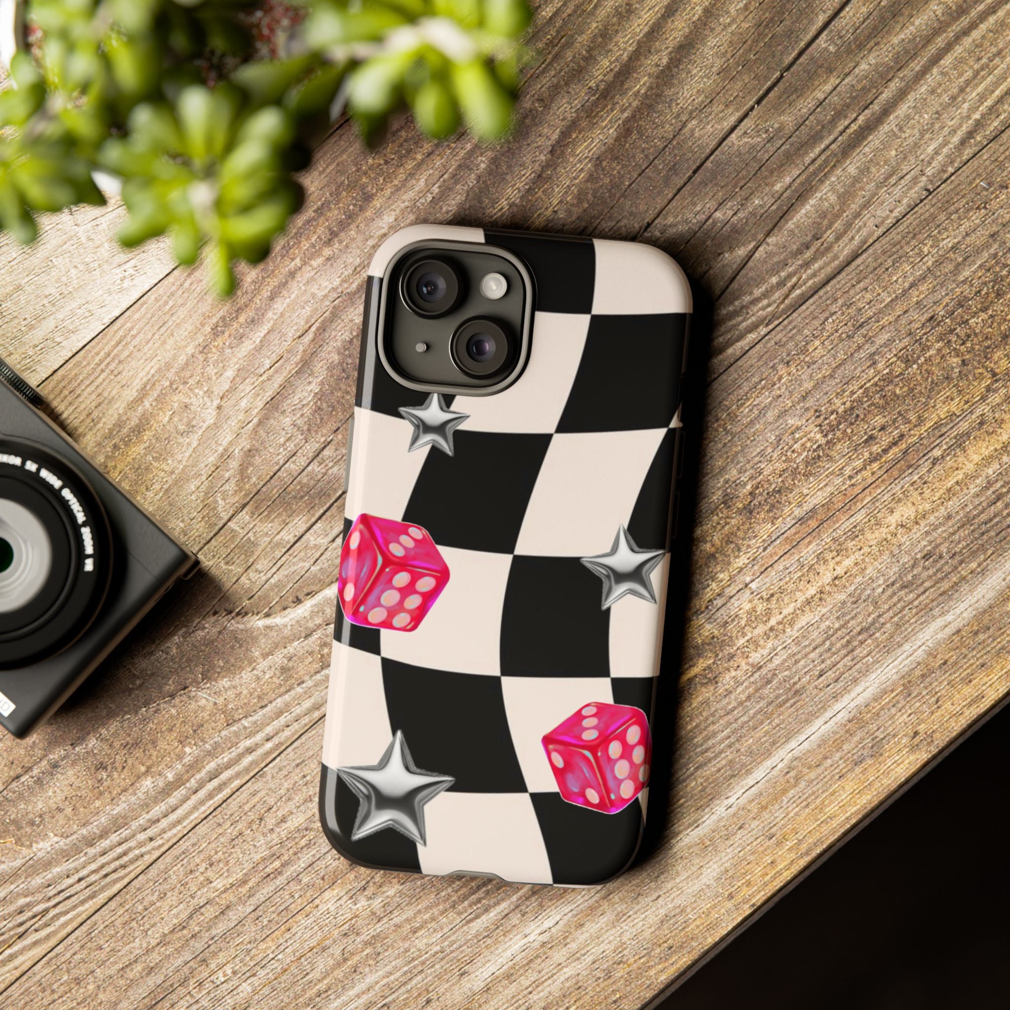 Black & White Checkerboard Dice — Retro Pink Dice & Silver Star iPhone Cover