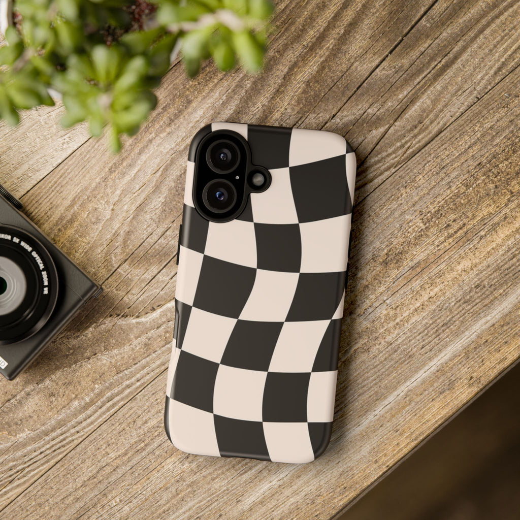 Black & White Wavy Checkered Phone Case — Black & Cream Retro Racing Pattern Tough Case