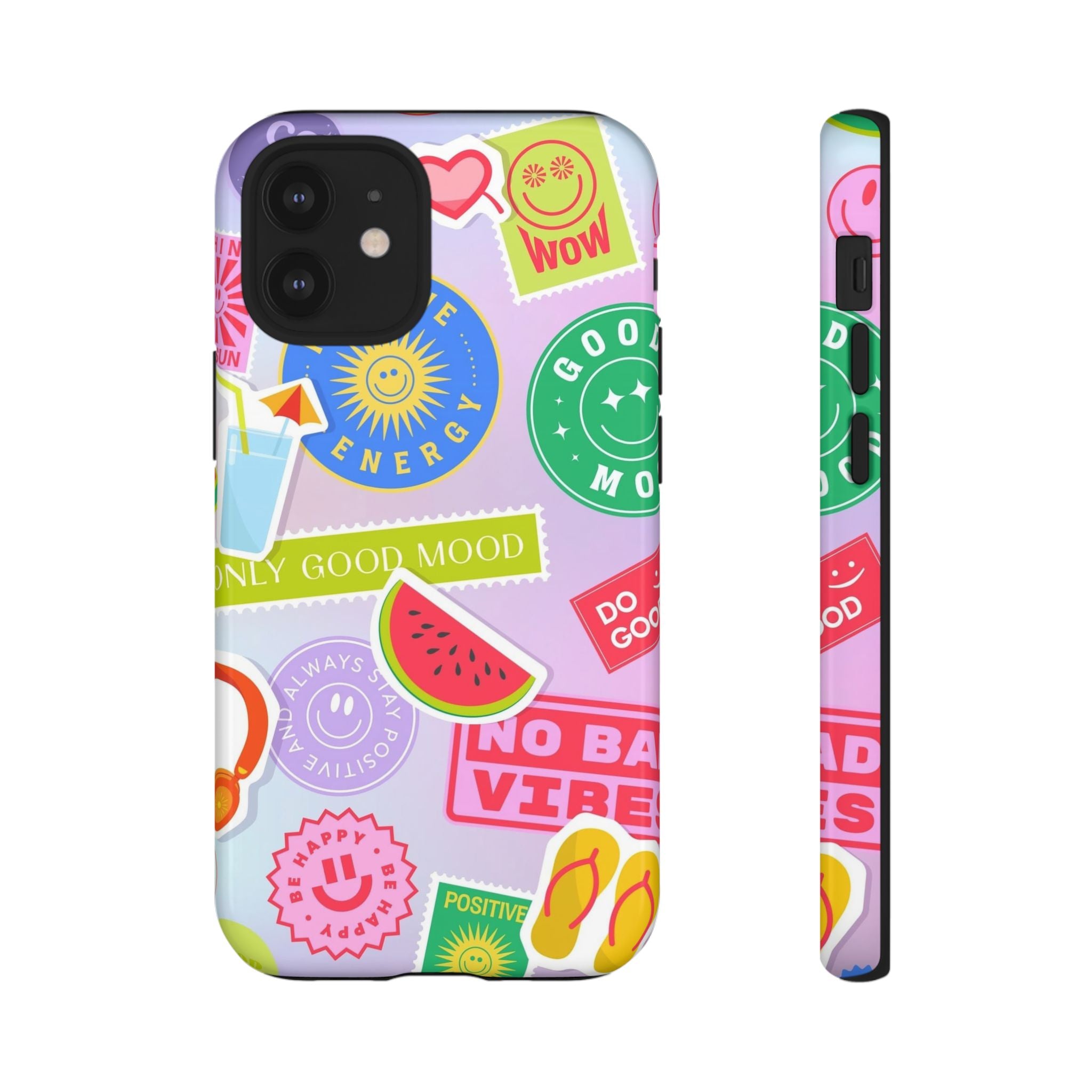 Good Vibes Only — Colorful Sticker Collage "No Bad Vibes" iPhone Case