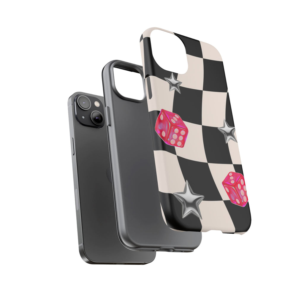 Black & White Checkerboard Dice — Retro Pink Dice & Silver Star iPhone Cover