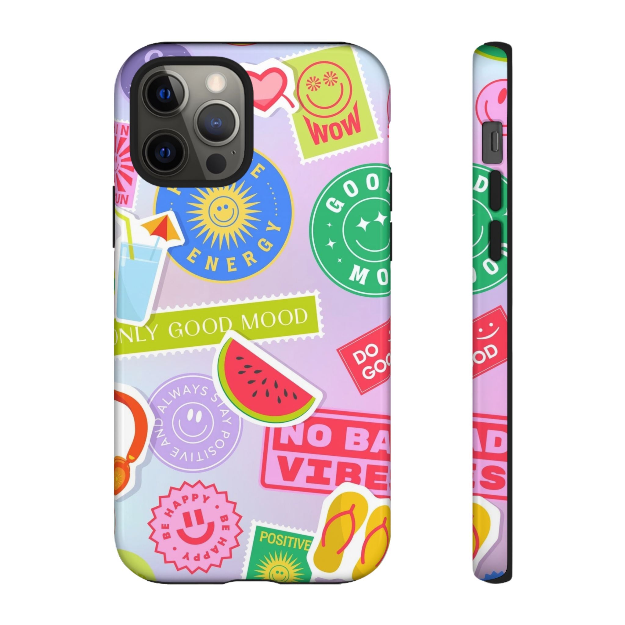 Good Vibes Only — Colorful Sticker Collage "No Bad Vibes" iPhone Case