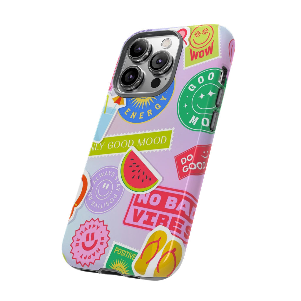 Good Vibes Only — Colorful Sticker Collage "No Bad Vibes" iPhone Case