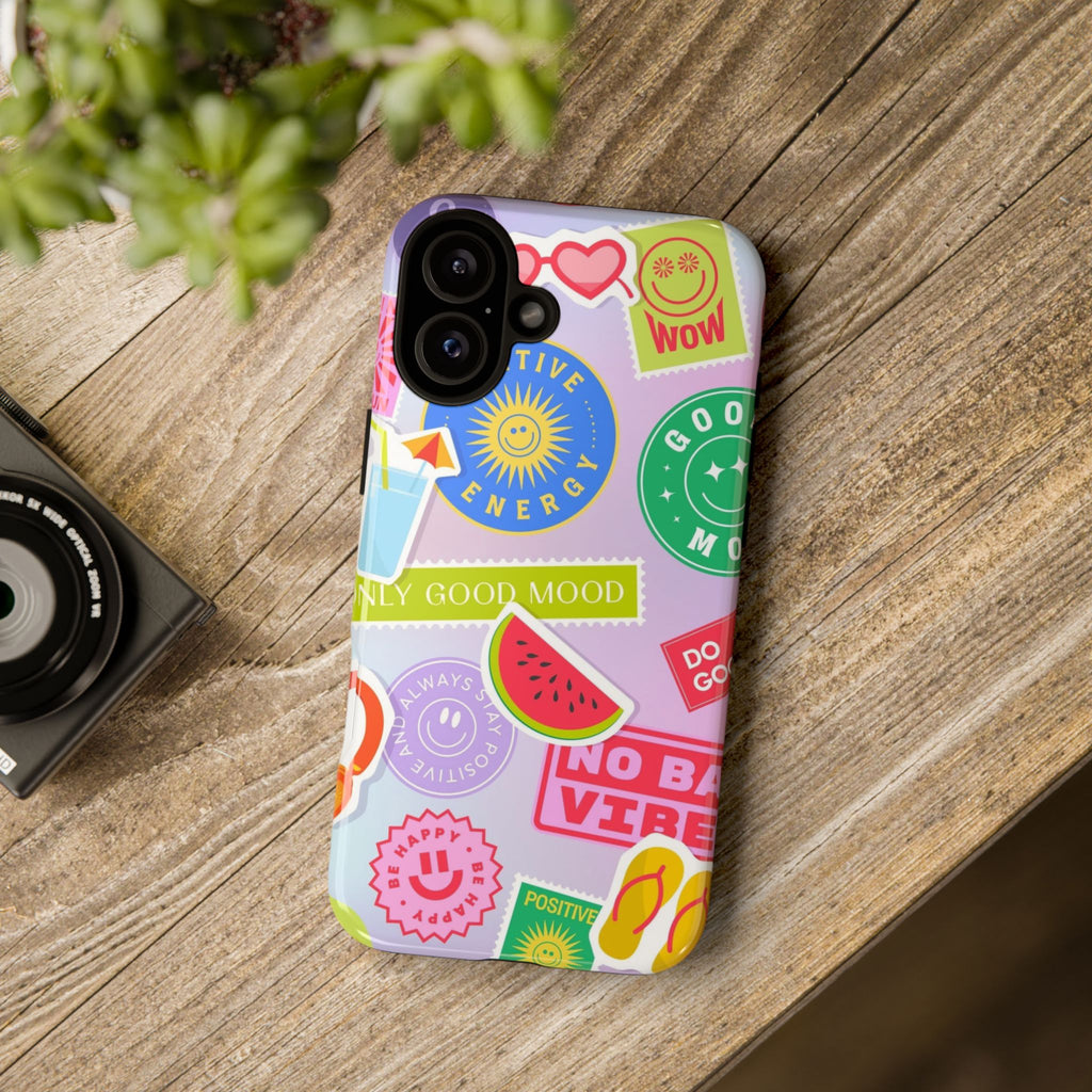 Good Vibes Only — Colorful Sticker Collage "No Bad Vibes" iPhone Case
