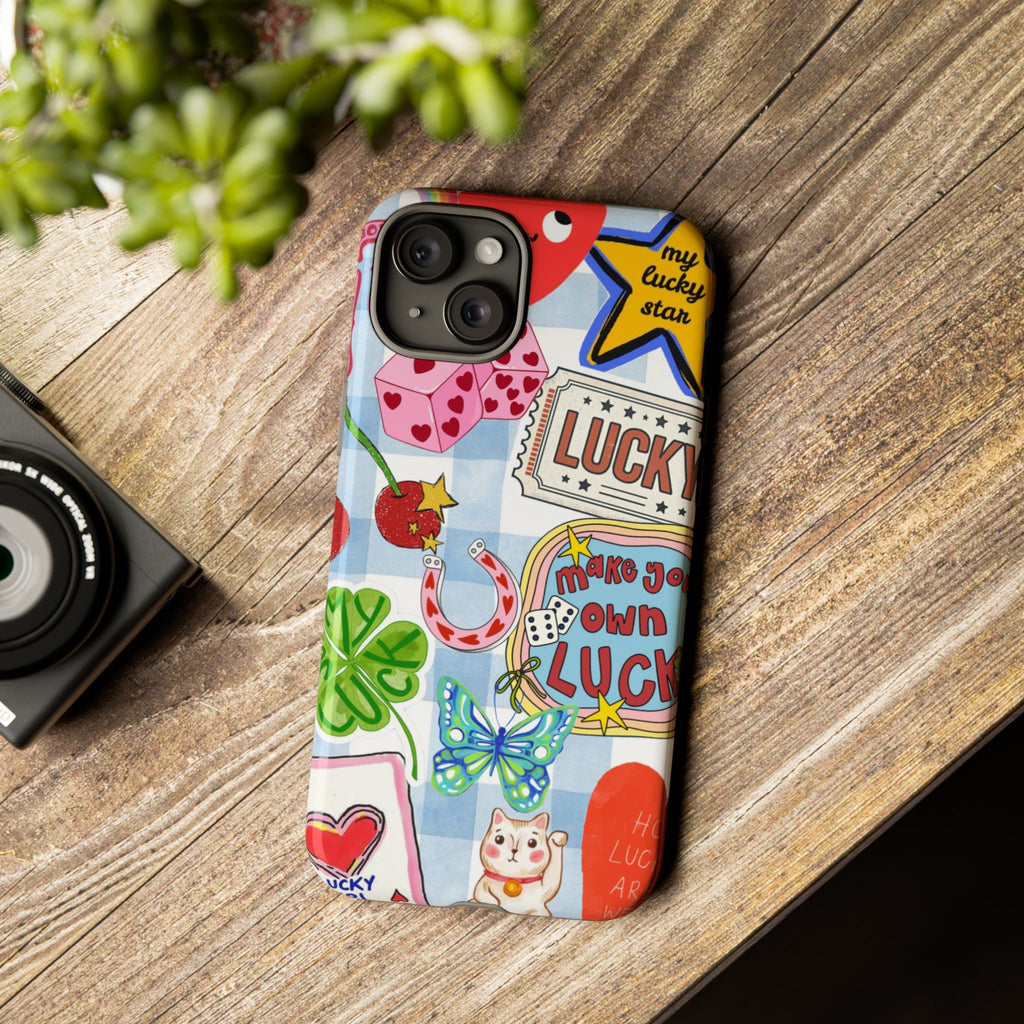Lucky Charm Phone Case — Cute Kawaii Sticker Collage, ‘Make Your Own Luck’ Design