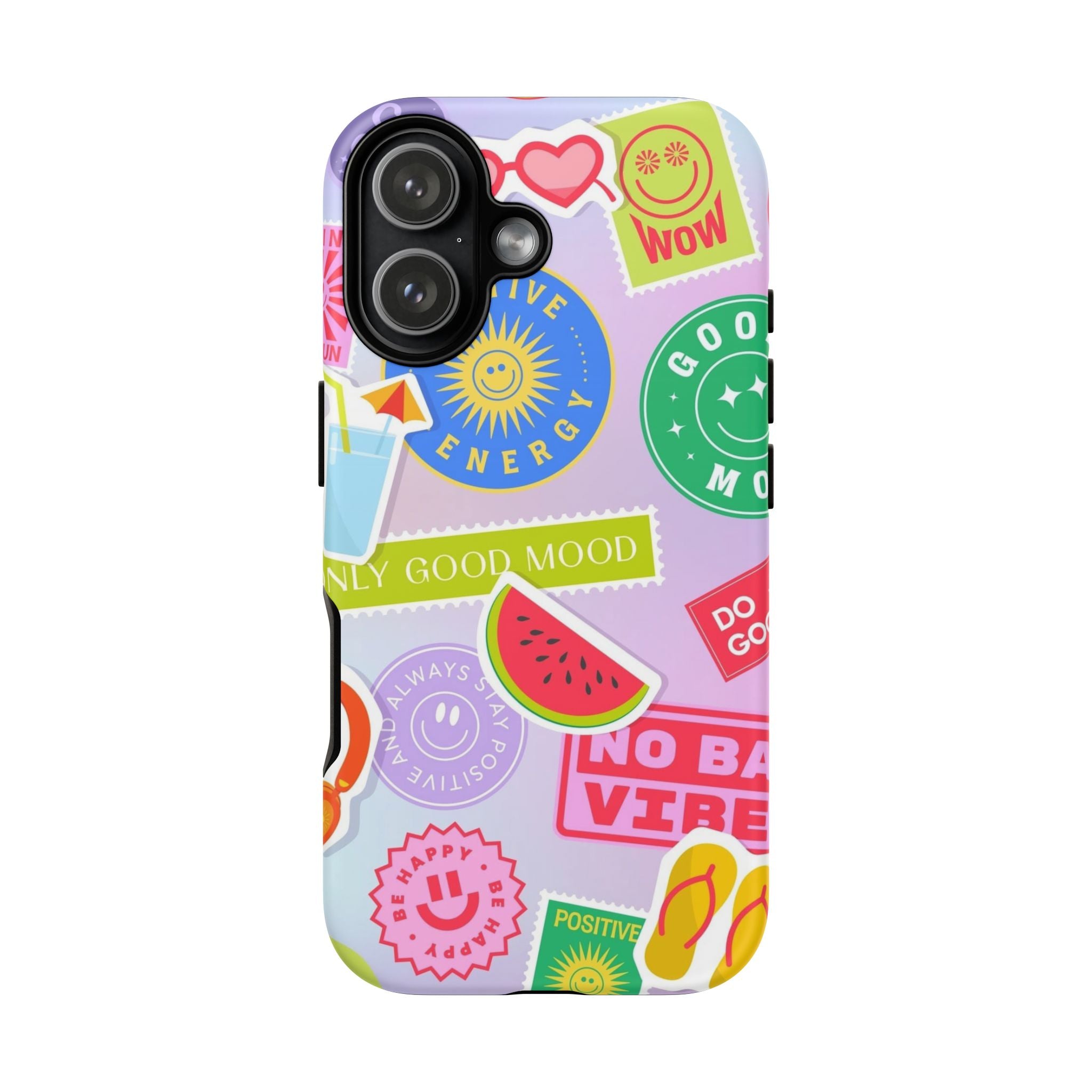 Good Vibes Only — Colorful Sticker Collage "No Bad Vibes" iPhone Case