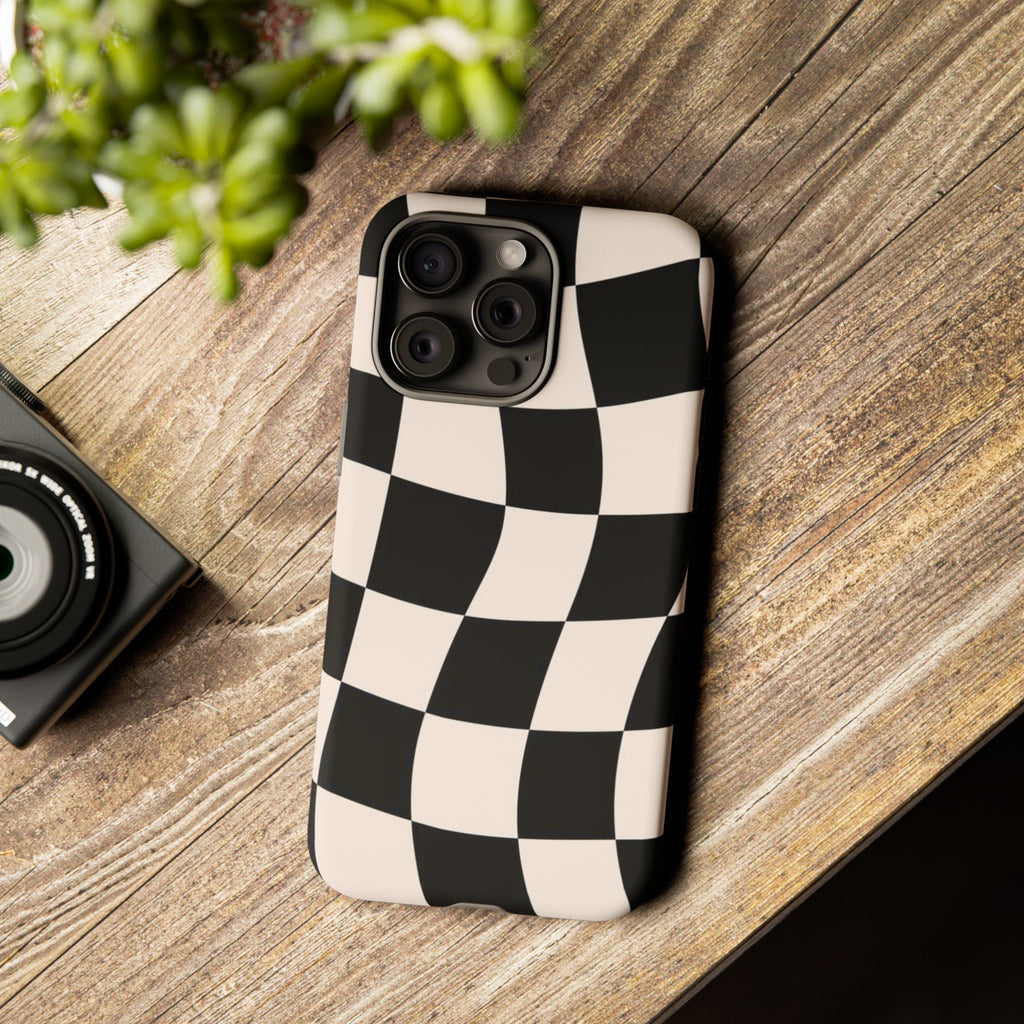 Black & White Wavy Checkered Phone Case — Black & Cream Retro Racing Pattern Tough Case