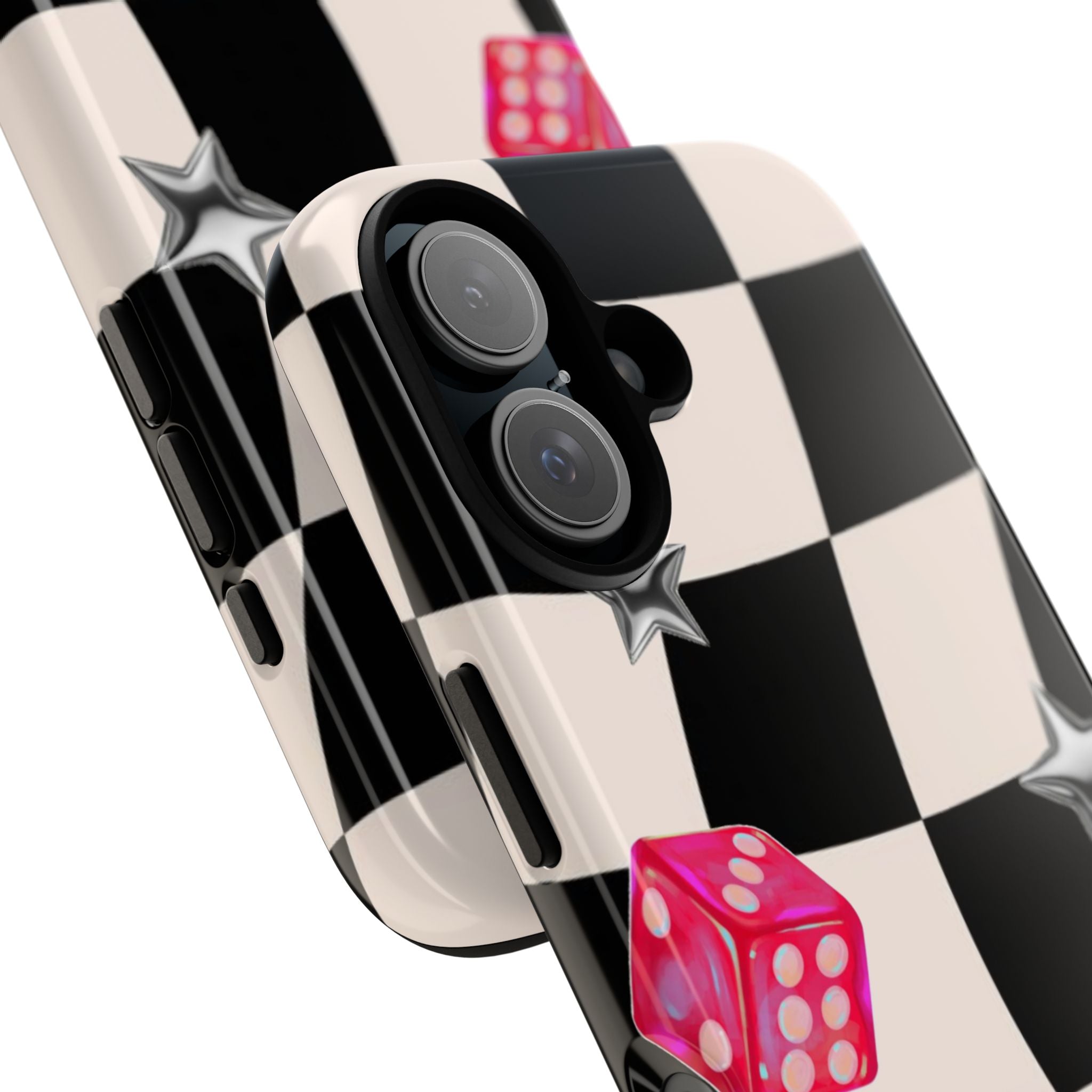 Black & White Checkerboard Dice — Retro Pink Dice & Silver Star iPhone Cover