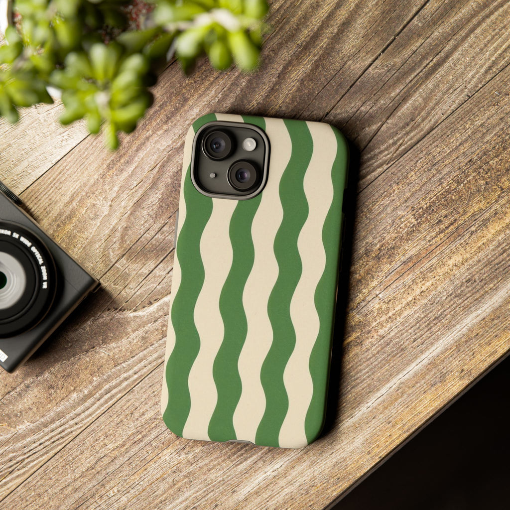 Wavy Green Stripe Phone Case — Retro Minimalist Tough Case