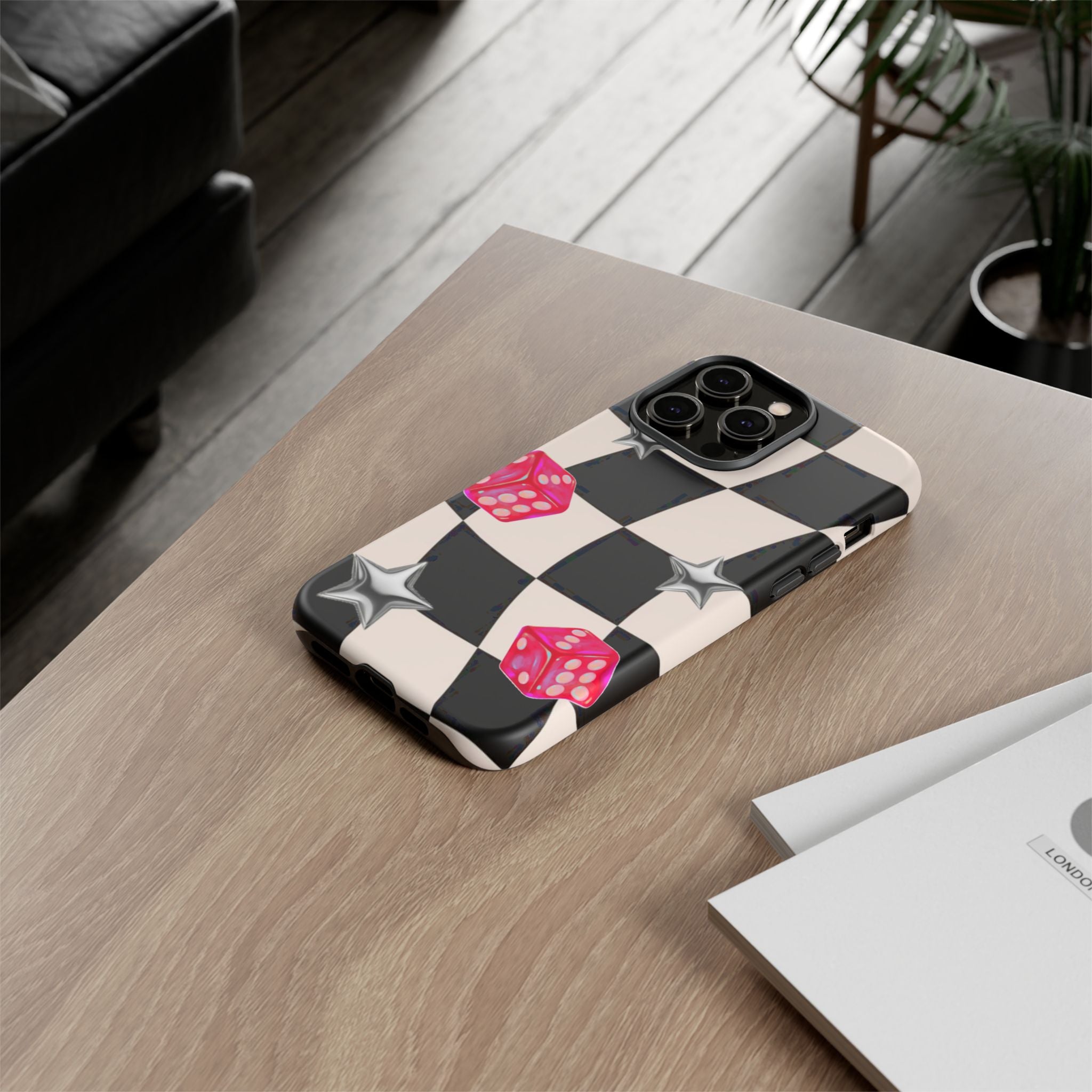 Black & White Checkerboard Dice — Retro Pink Dice & Silver Star iPhone Cover