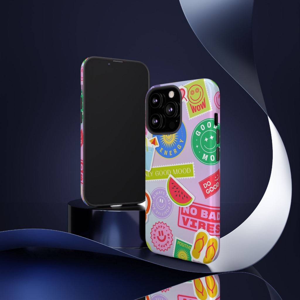 Good Vibes Only — Colorful Sticker Collage "No Bad Vibes" iPhone Case