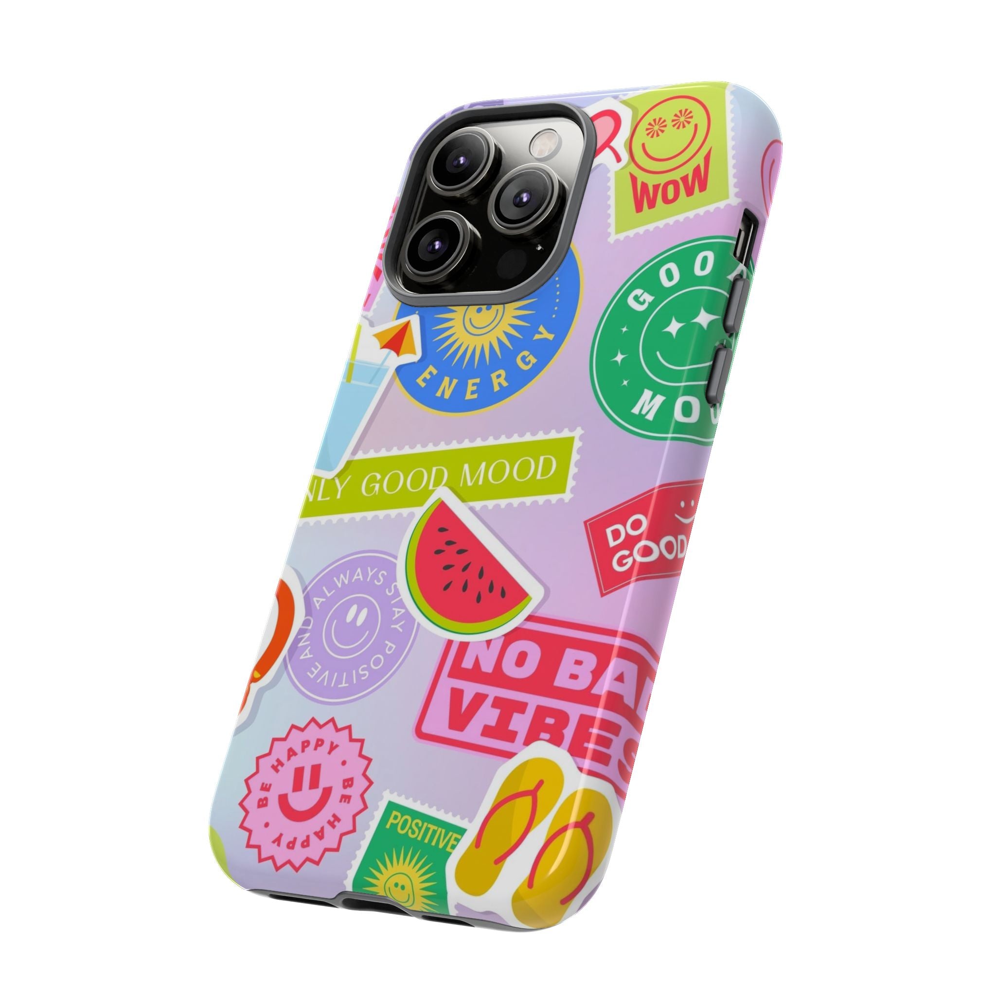 Good Vibes Only — Colorful Sticker Collage "No Bad Vibes" iPhone Case