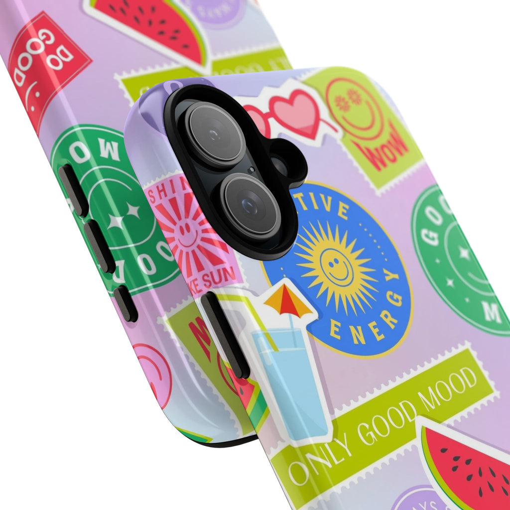 Good Vibes Only — Colorful Sticker Collage "No Bad Vibes" iPhone Case