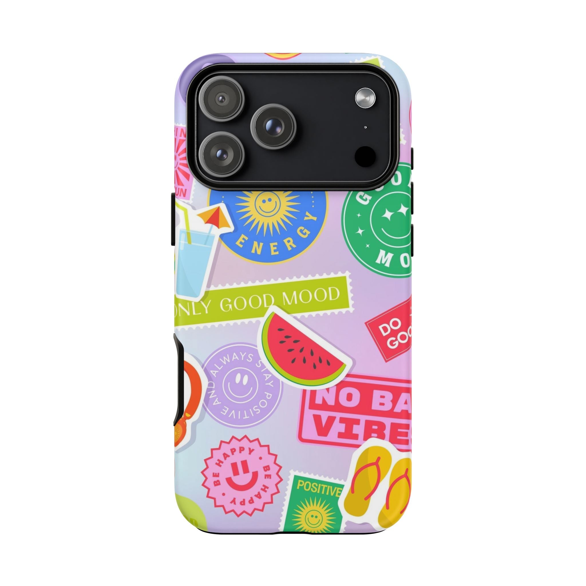 Good Vibes Only — Colorful Sticker Collage "No Bad Vibes" iPhone Case