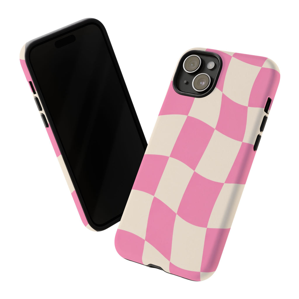 Pink Wavy Checkered Tough Phone Case — Retro Distorted Checkerboard Design