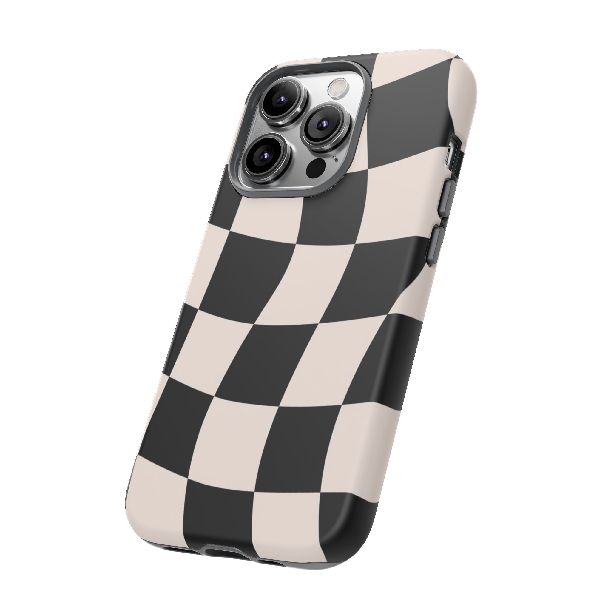 Black & White Wavy Checkered Phone Case — Black & Cream Retro Racing Pattern Tough Case