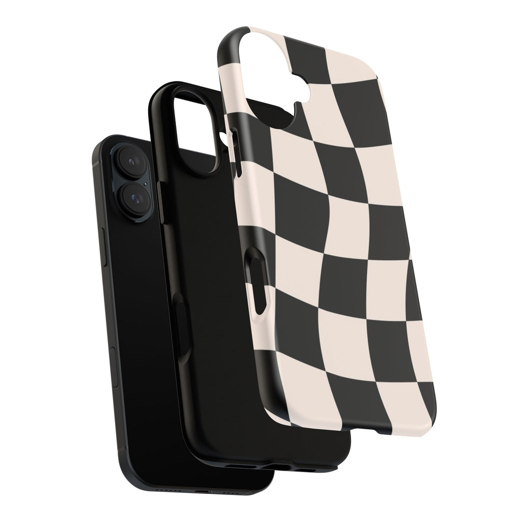Black & White Wavy Checkered Phone Case — Black & Cream Retro Racing Pattern Tough Case