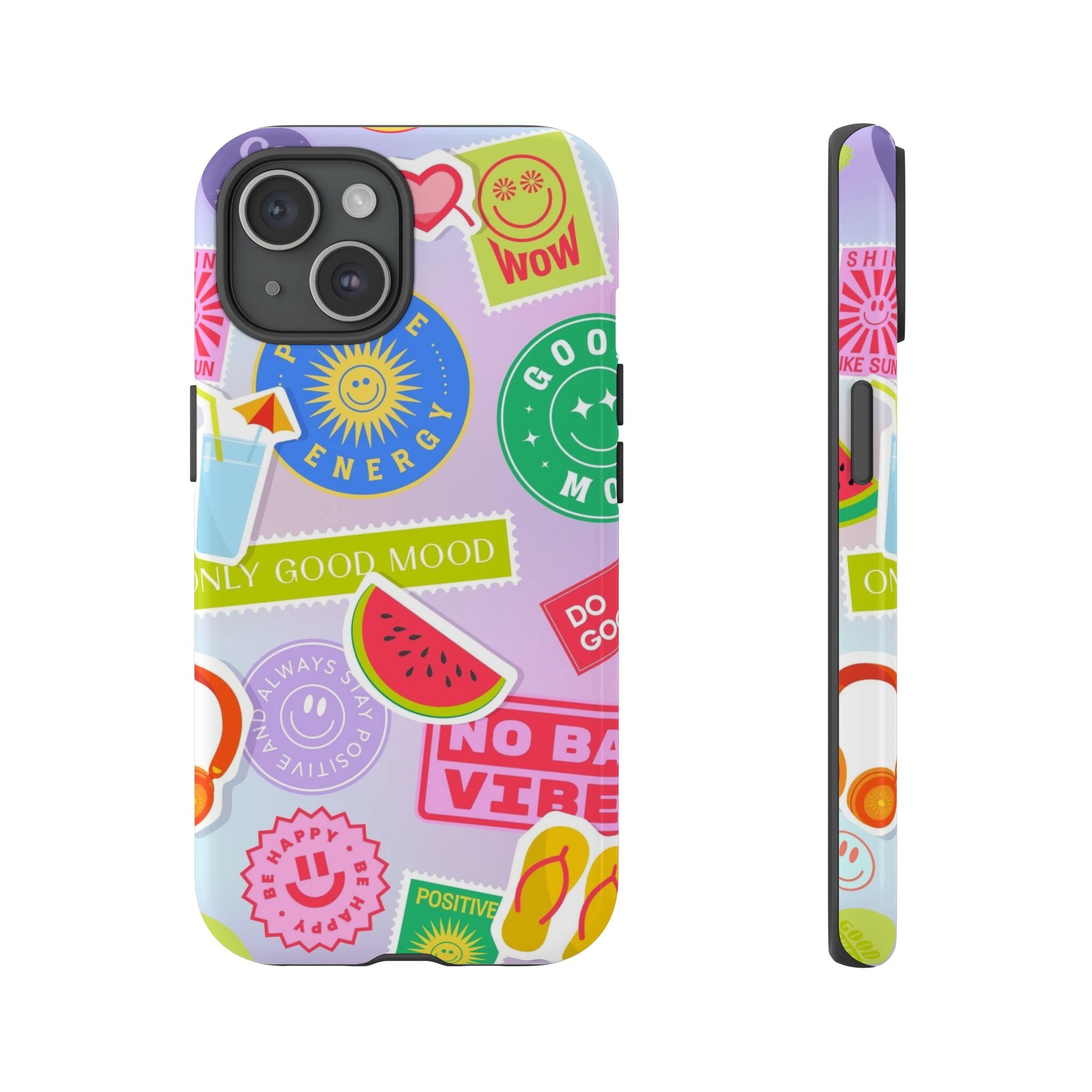 Good Vibes Only — Colorful Sticker Collage "No Bad Vibes" iPhone Case