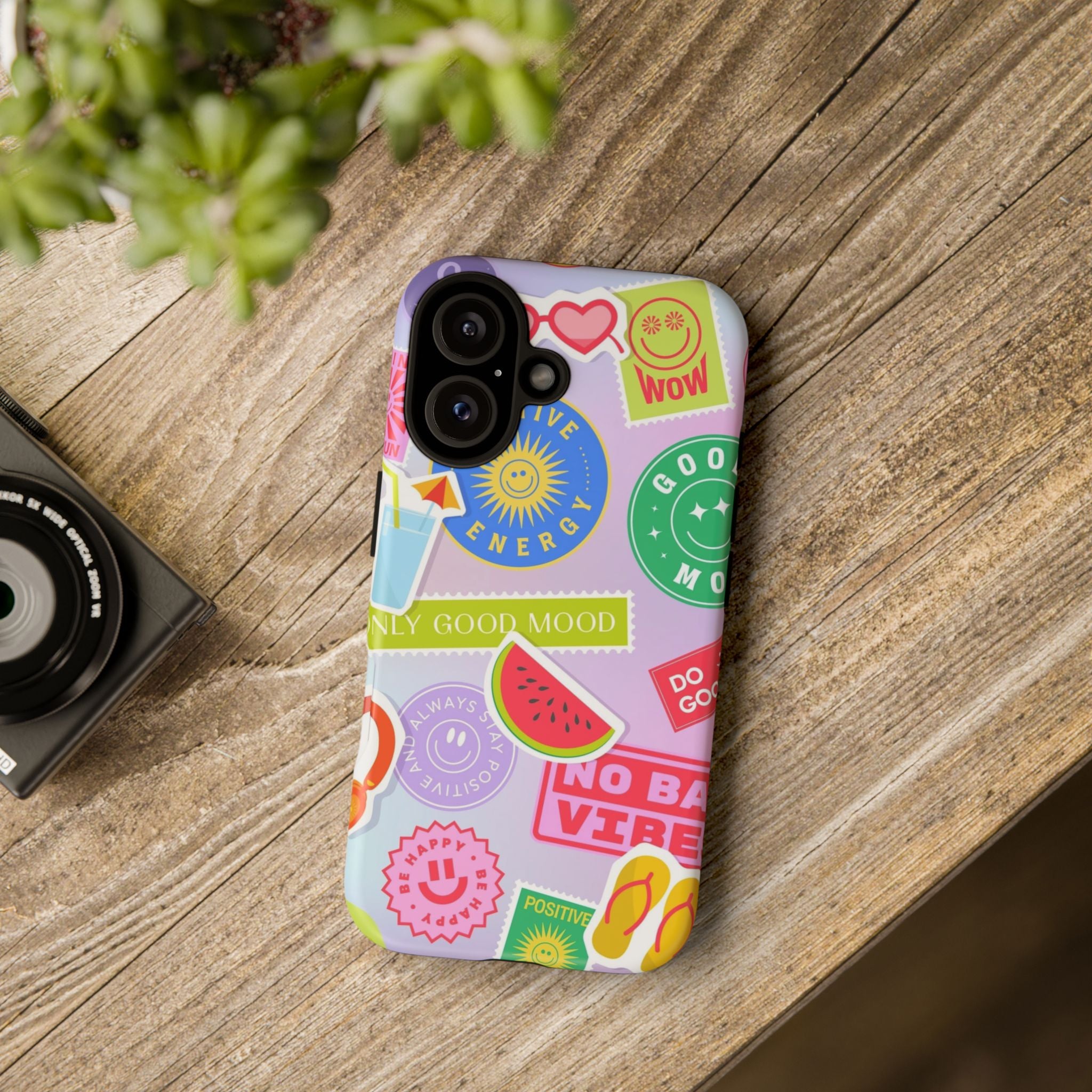 Good Vibes Only — Colorful Sticker Collage "No Bad Vibes" iPhone Case