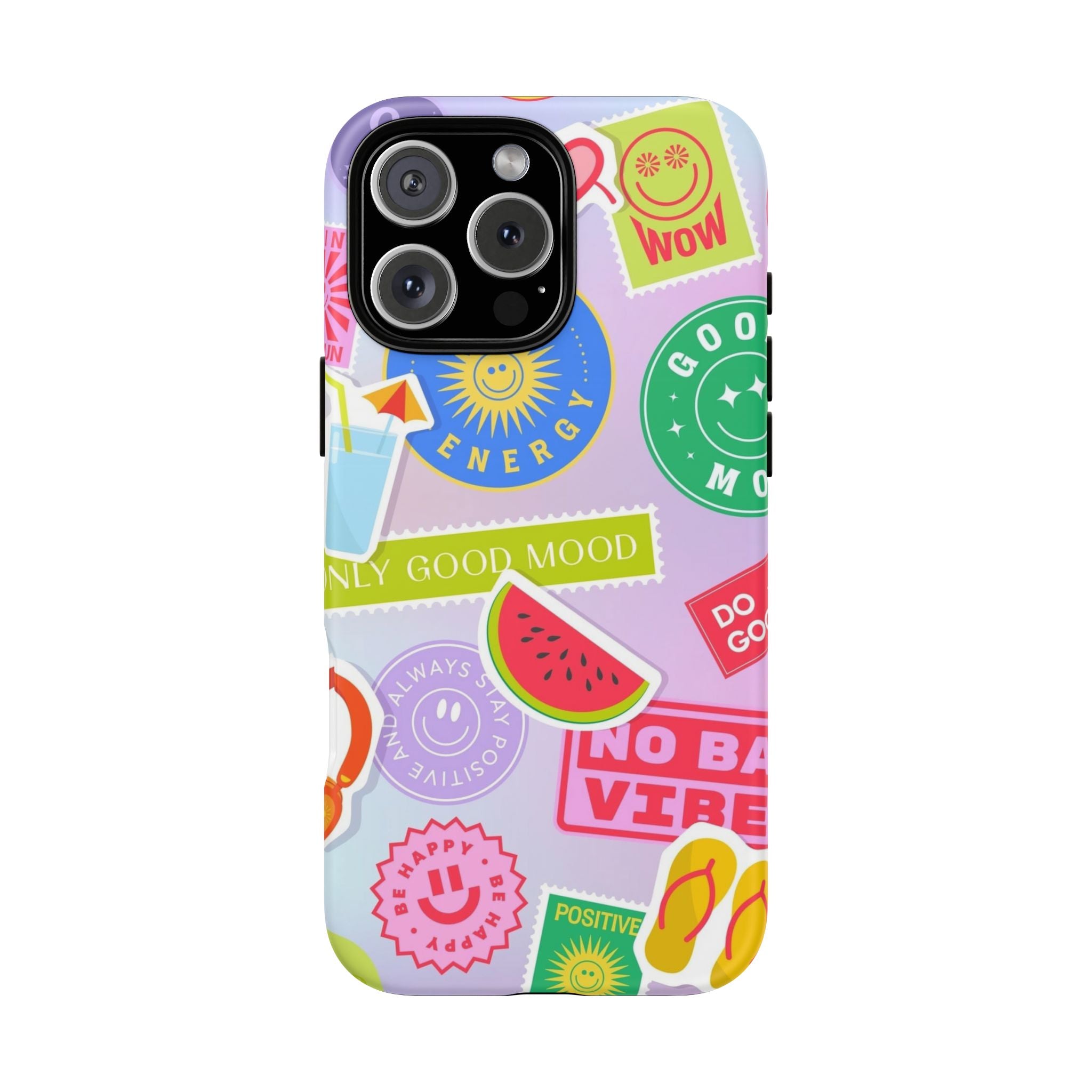 Good Vibes Only — Colorful Sticker Collage "No Bad Vibes" iPhone Case