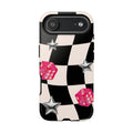 Black & White Checkerboard Dice — Retro Pink Dice & Silver Star iPhone Cover