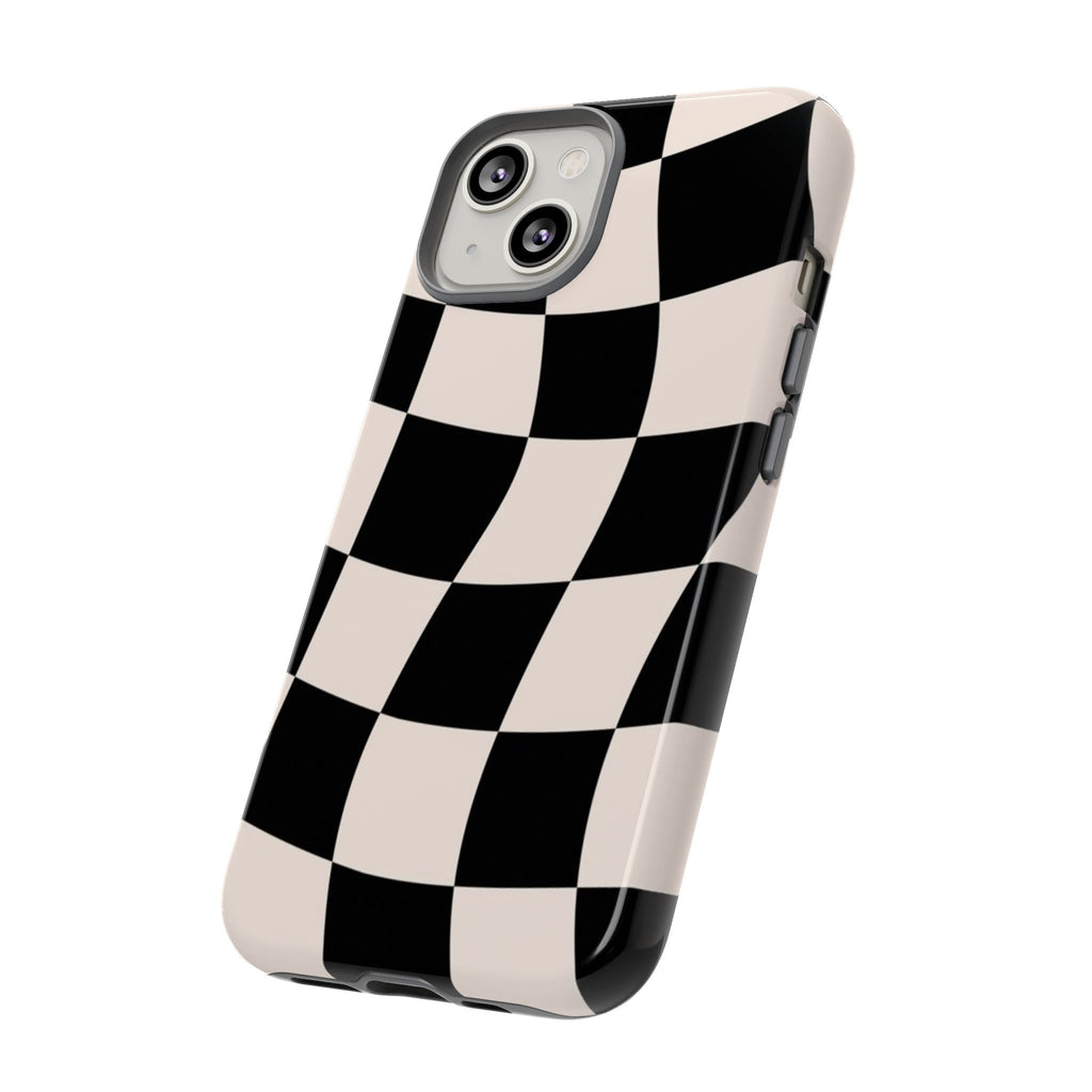 Black & White Wavy Checkered Phone Case — Black & Cream Retro Racing Pattern Tough Case