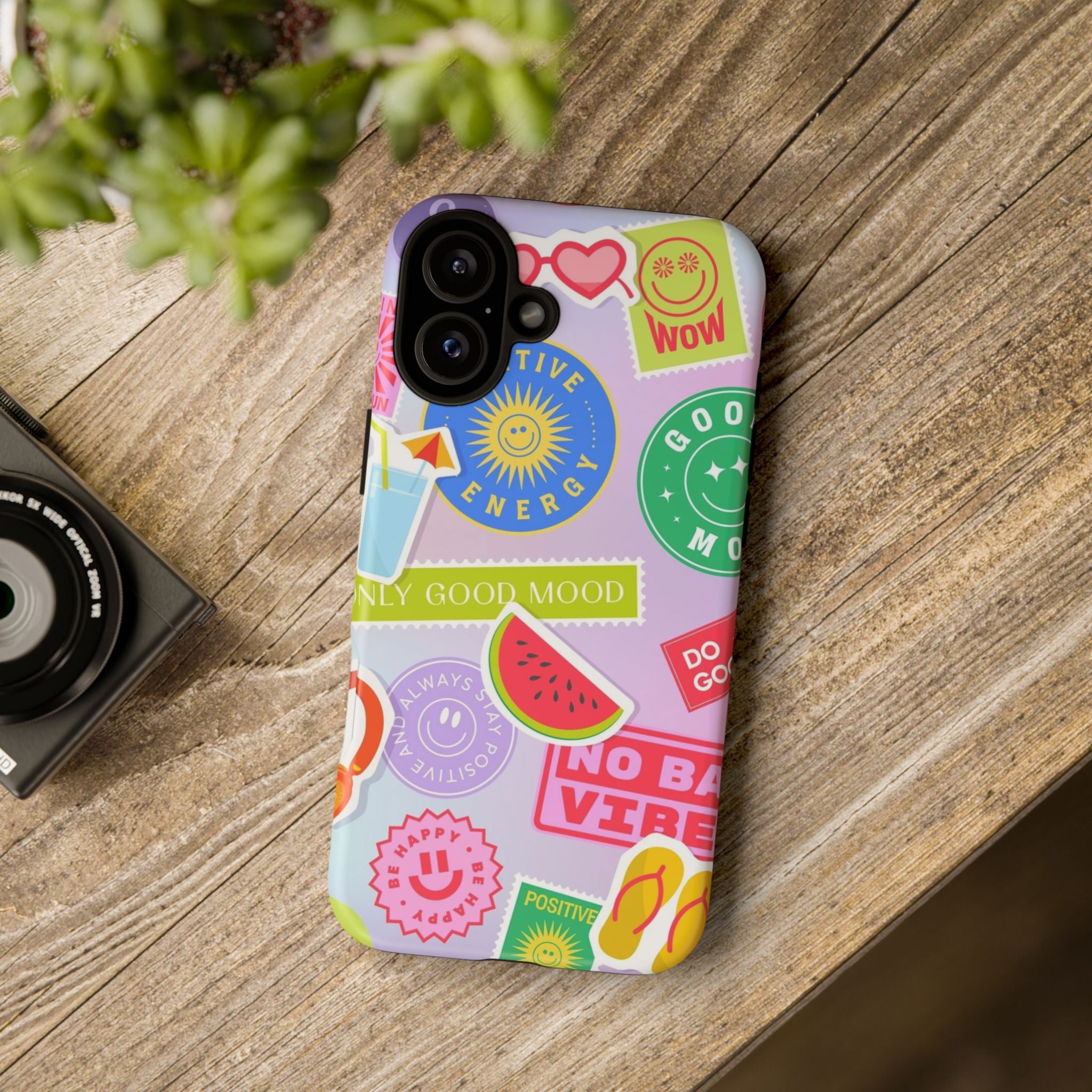 Good Vibes Only — Colorful Sticker Collage "No Bad Vibes" iPhone Case