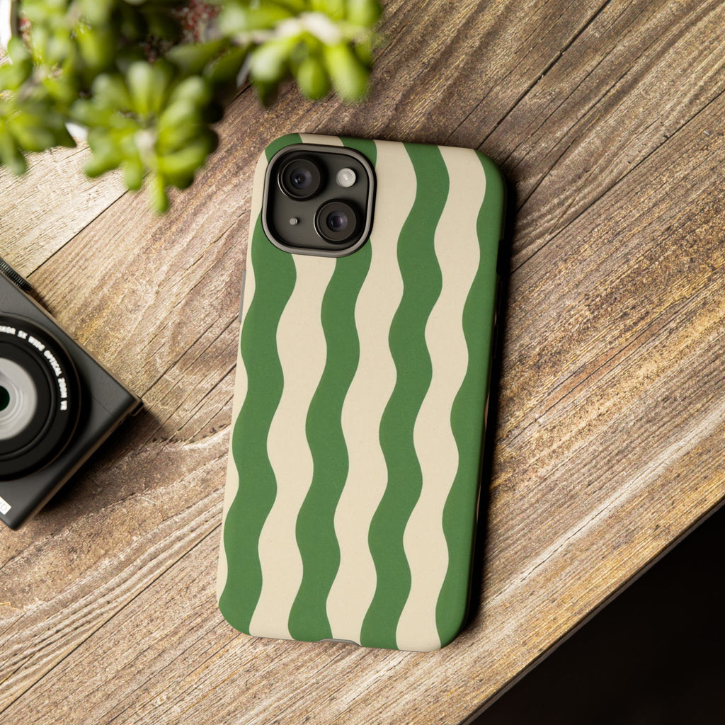 Wavy Green Stripe Phone Case — Retro Minimalist Tough Case