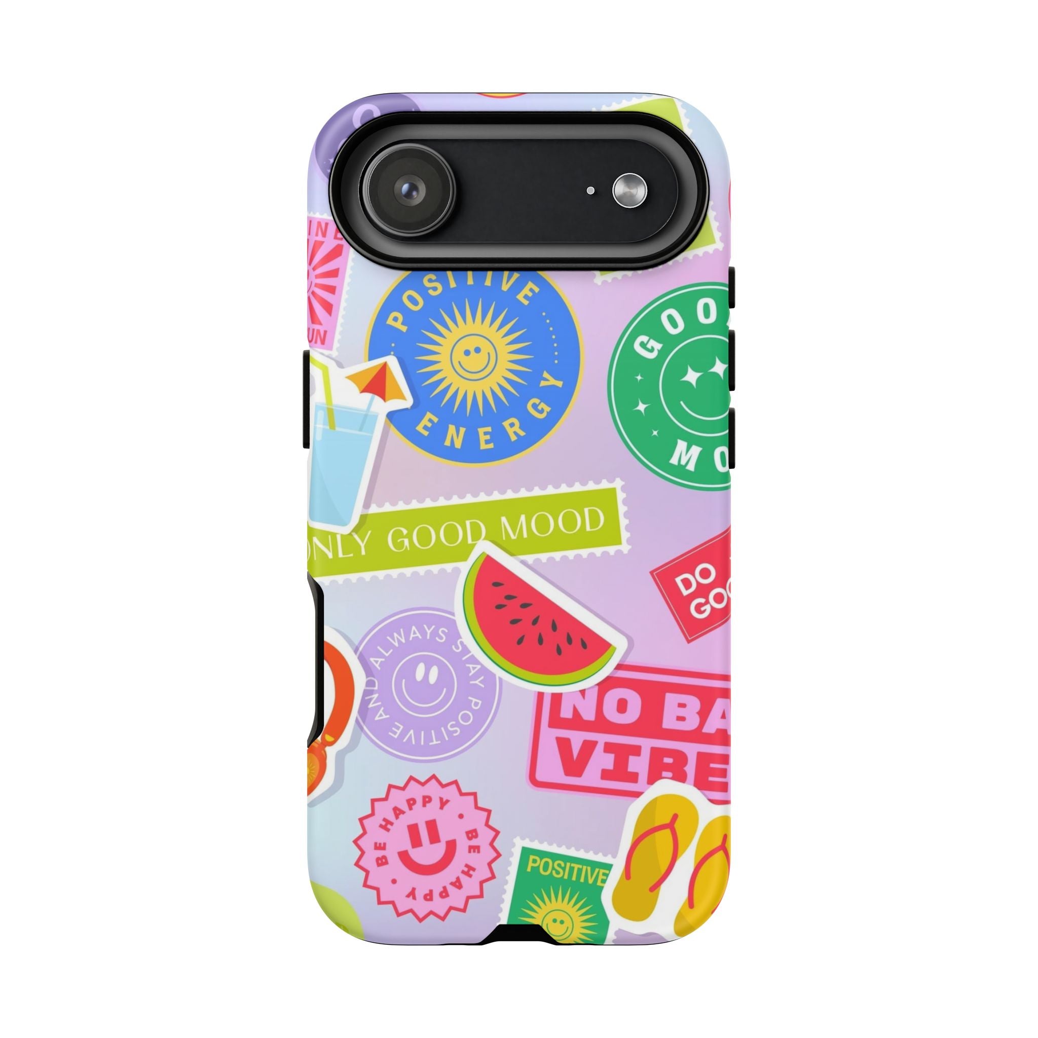 Good Vibes Only — Colorful Sticker Collage "No Bad Vibes" iPhone Case