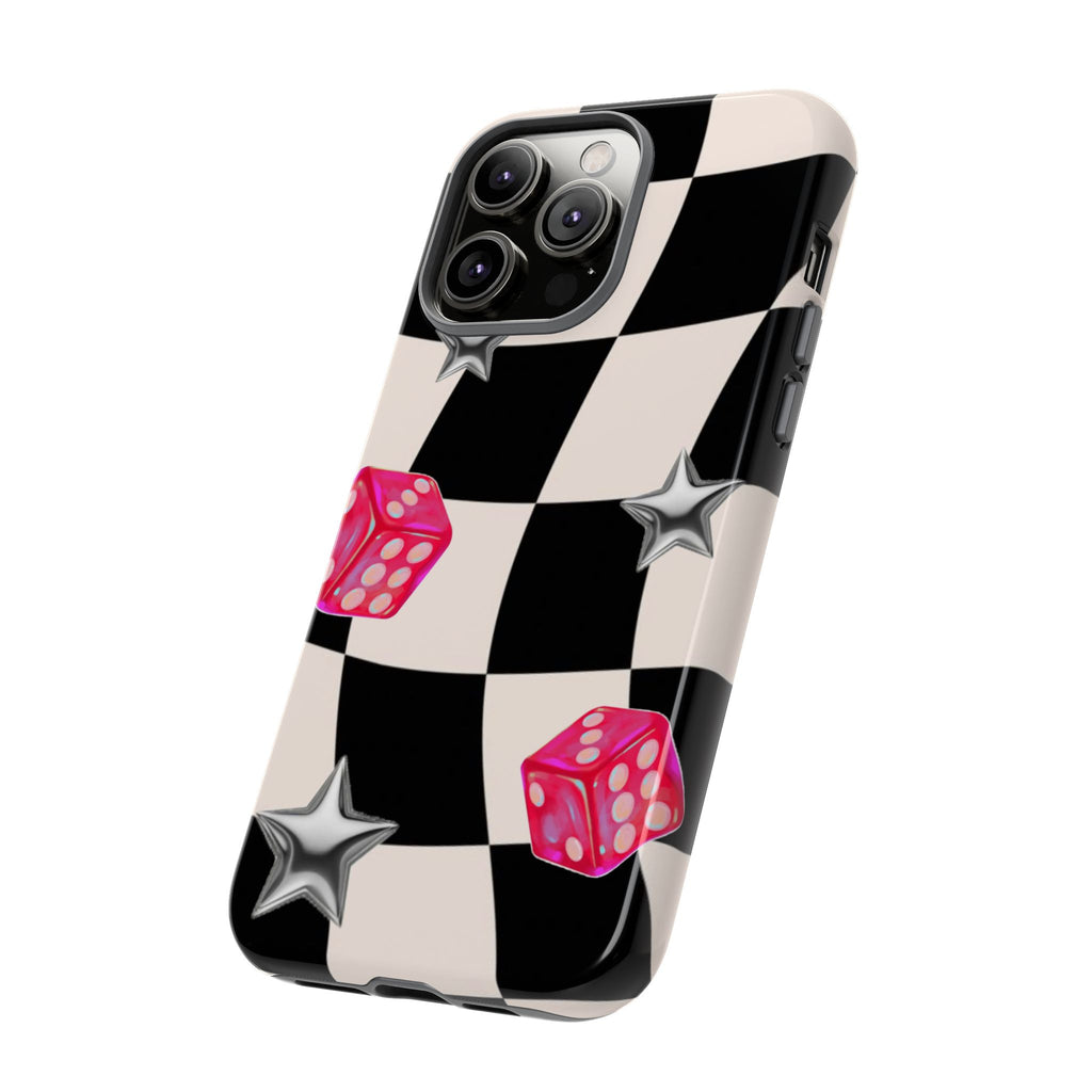 Black & White Checkerboard Dice — Retro Pink Dice & Silver Star iPhone Cover