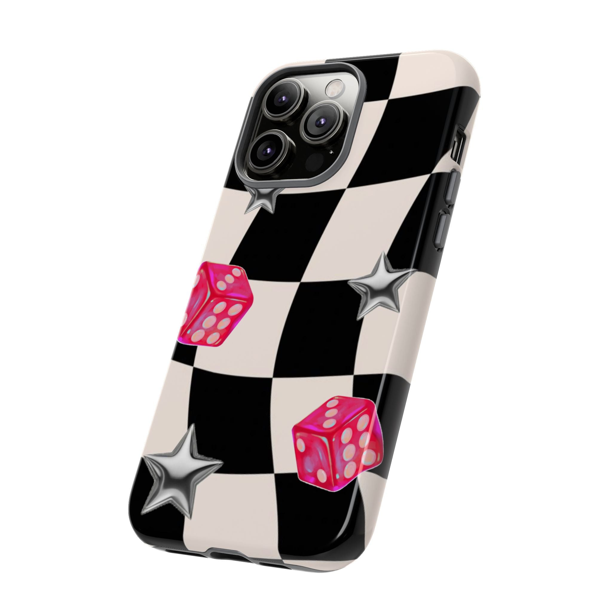 Black & White Checkerboard Dice — Retro Pink Dice & Silver Star iPhone Cover