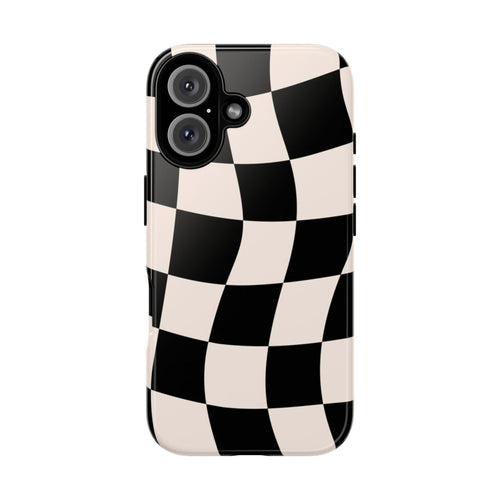 Black & White Wavy Checkered Phone Case — Black & Cream Retro Racing Pattern Tough Case