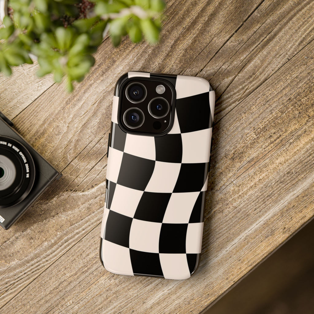 Black & White Wavy Checkered Phone Case — Black & Cream Retro Racing Pattern Tough Case