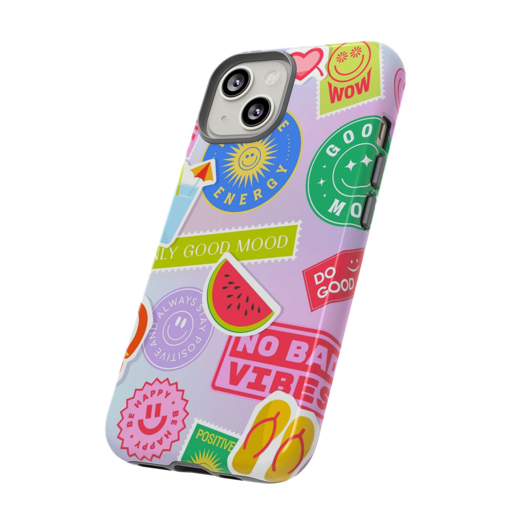 Good Vibes Only — Colorful Sticker Collage "No Bad Vibes" iPhone Case