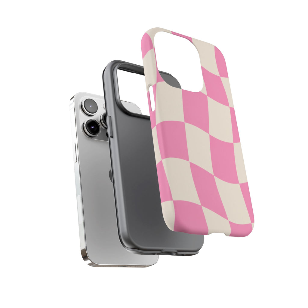 Pink Wavy Checkered Tough Phone Case — Retro Distorted Checkerboard Design