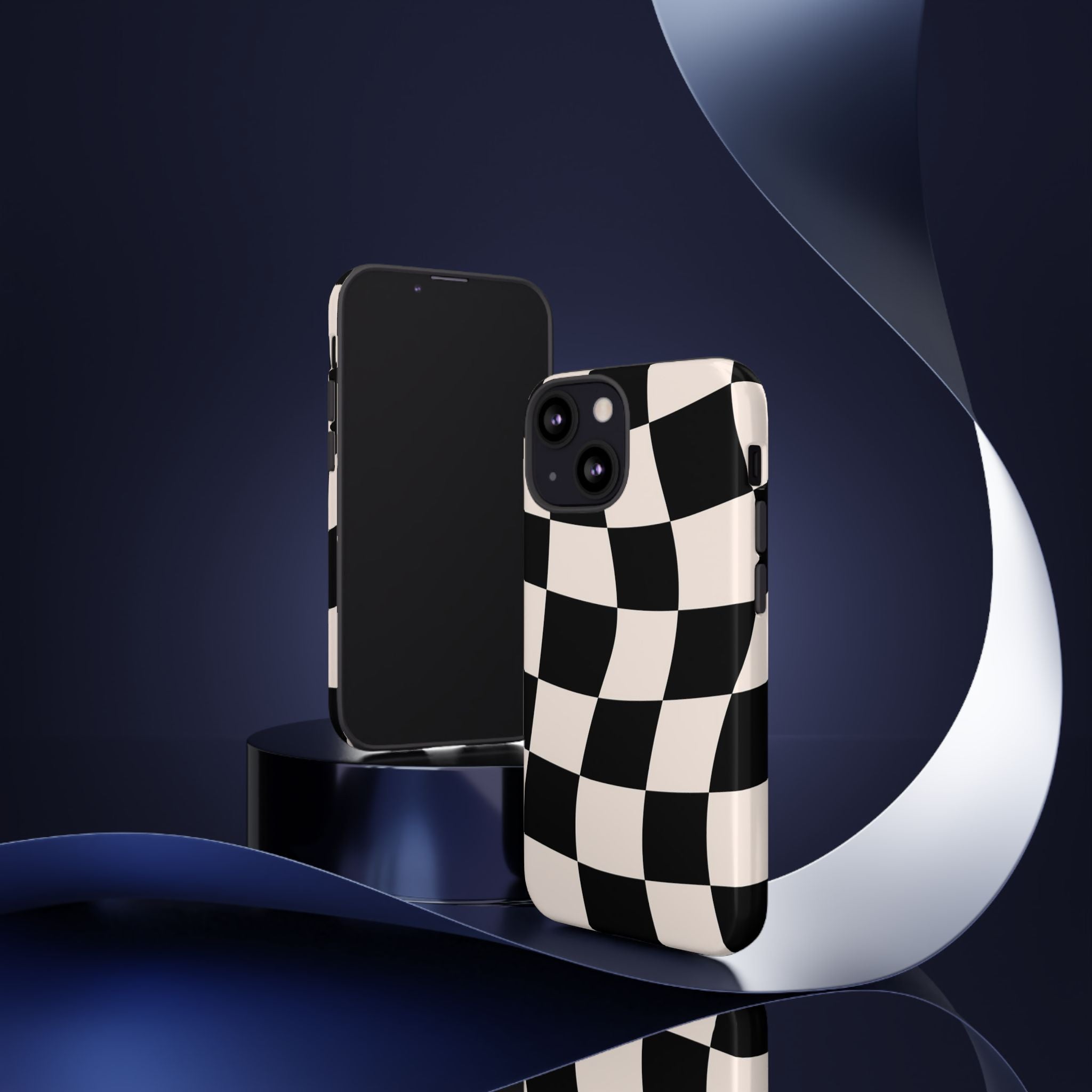 Black & White Wavy Checkered Phone Case — Black & Cream Retro Racing Pattern Tough Case